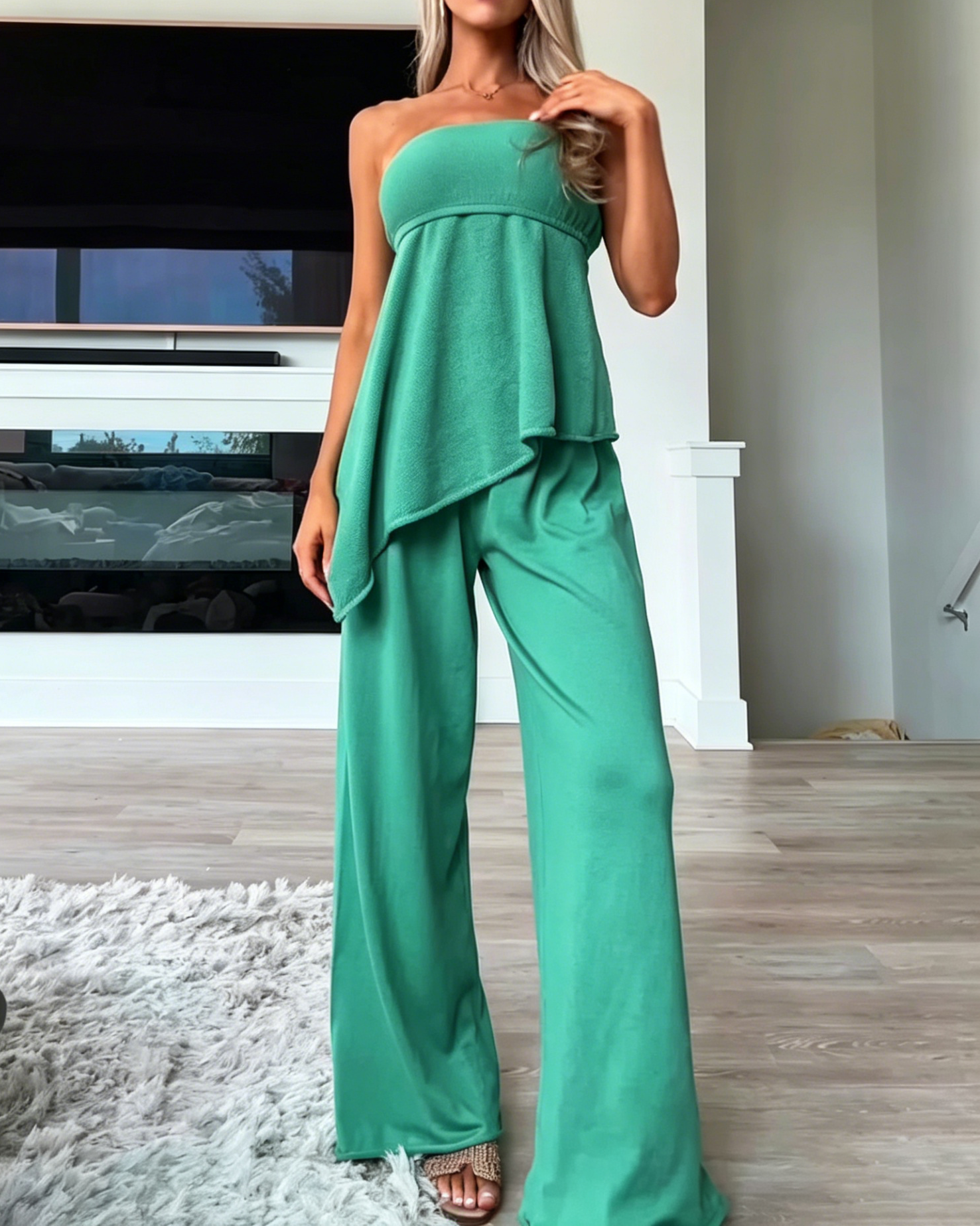 Women's Strapless Asymmetrical Hem Knit Top Wide Leg Loose Pant Matching Two Piece Set