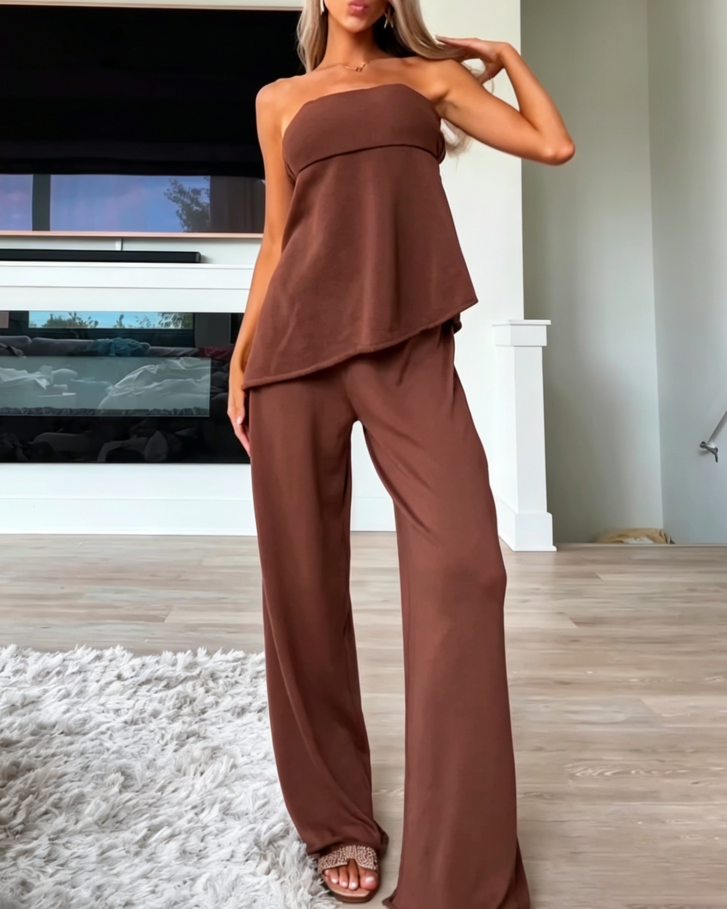 Women's Strapless Asymmetrical Hem Knit Top Wide Leg Loose Pant Matching Two Piece Set