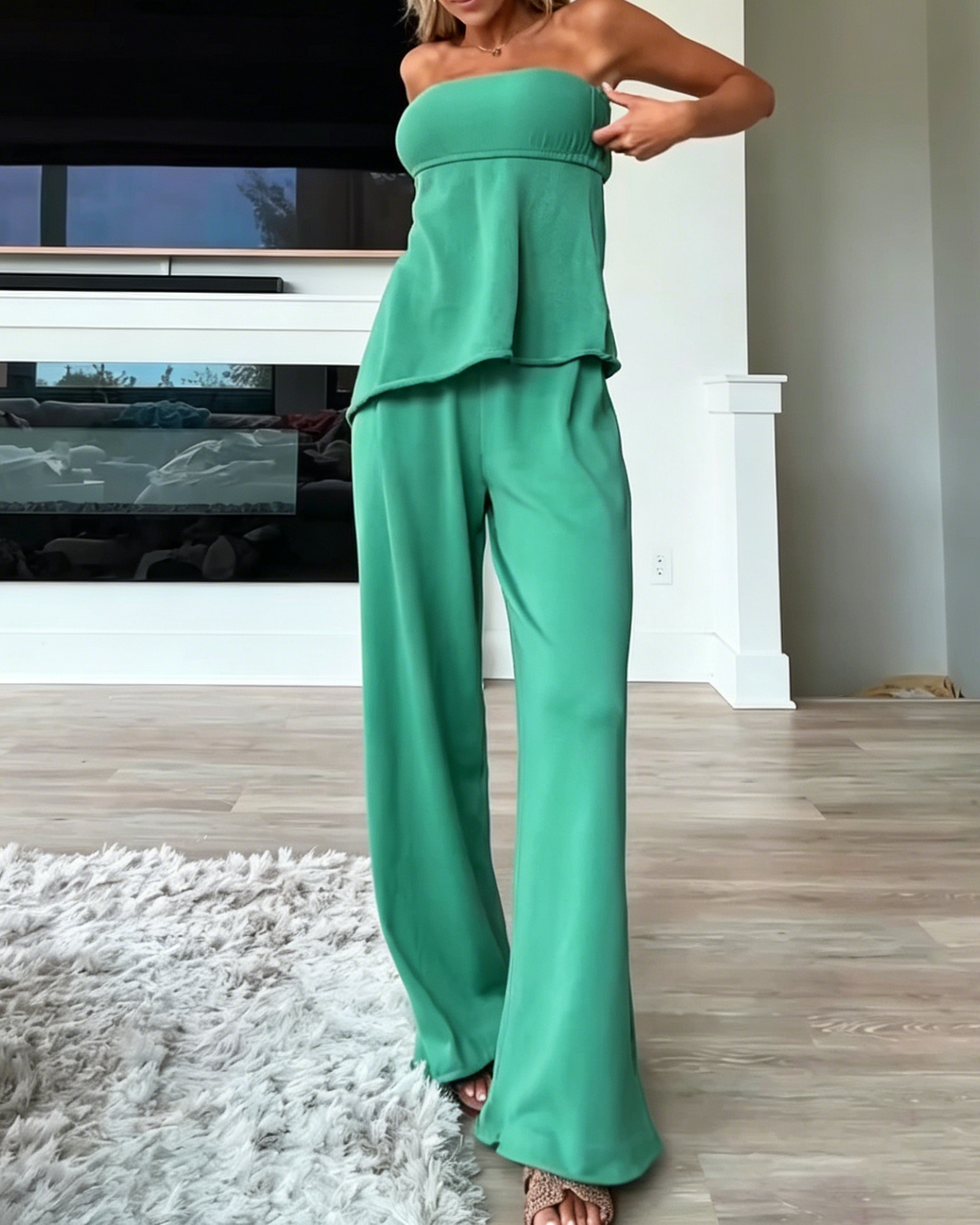 Women's Strapless Asymmetrical Hem Knit Top Wide Leg Loose Pant Matching Two Piece Set