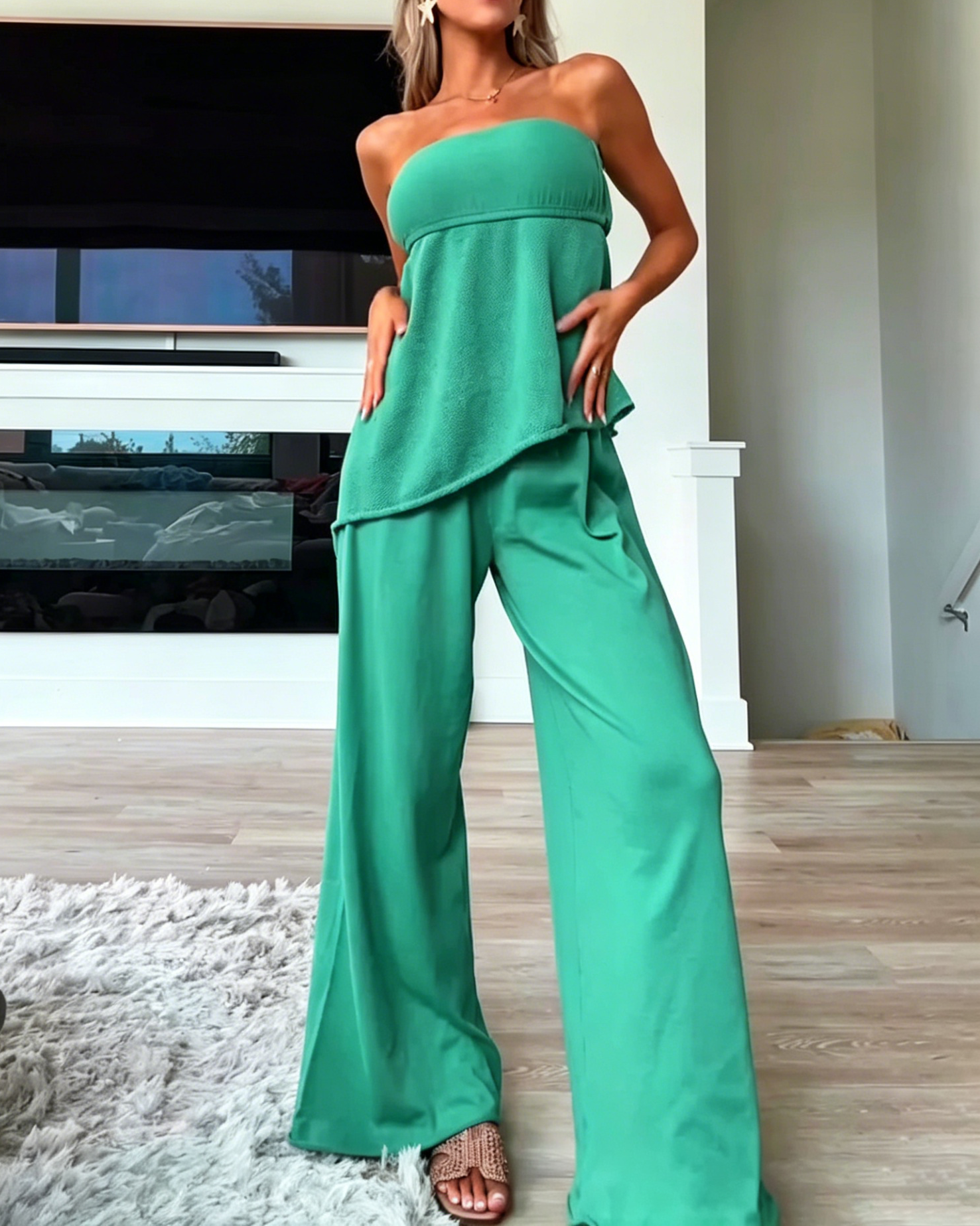 Women's Strapless Asymmetrical Hem Knit Top Wide Leg Loose Pant Matching Two Piece Set