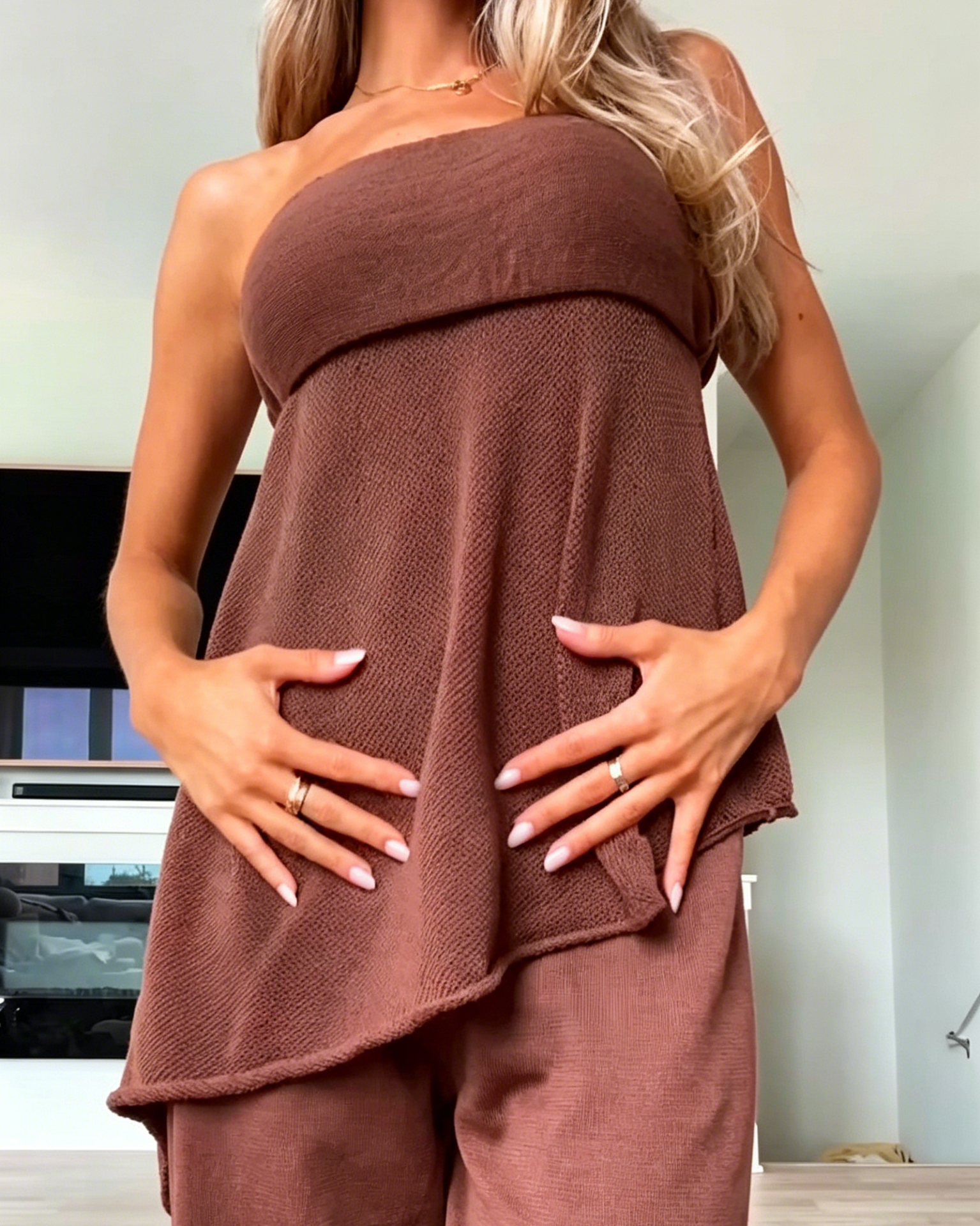 Women's Strapless Asymmetrical Hem Knit Top Wide Leg Loose Pant Matching Two Piece Set