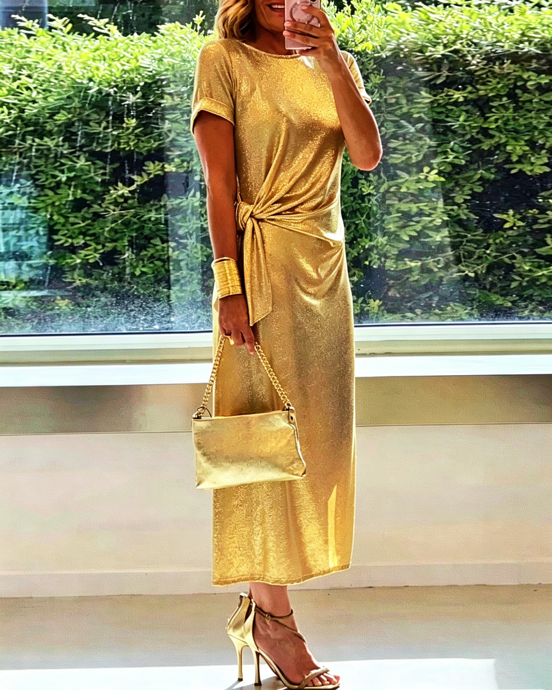 Women Ladies Round Neck Pleated Slit Temperament Casual Dress