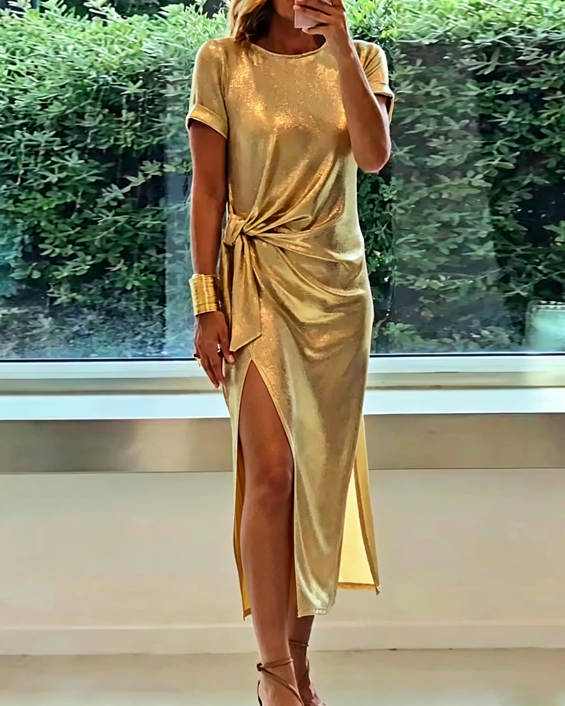 Women Ladies Round Neck Pleated Slit Temperament Casual Dress
