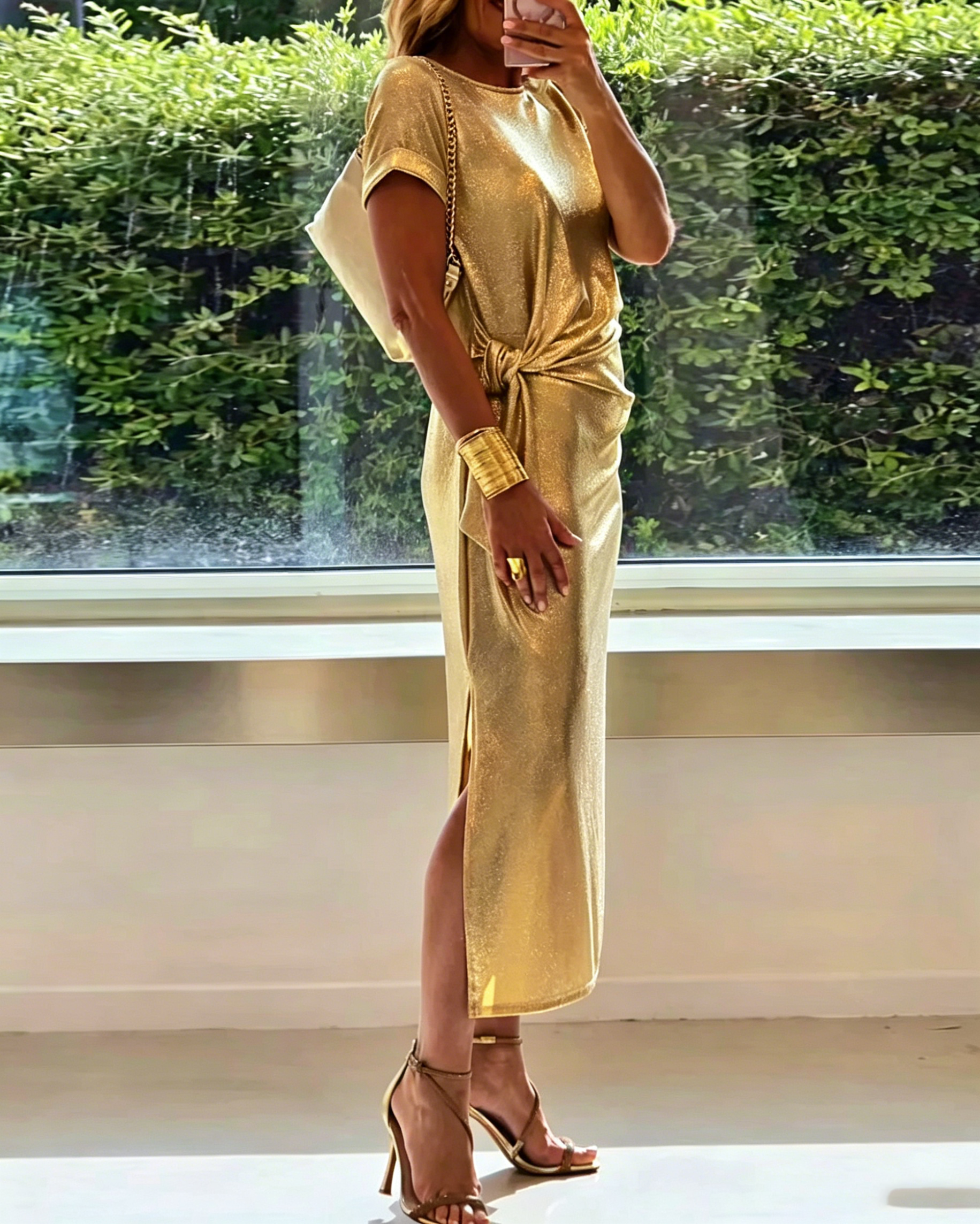 Women Ladies Round Neck Pleated Slit Temperament Casual Dress