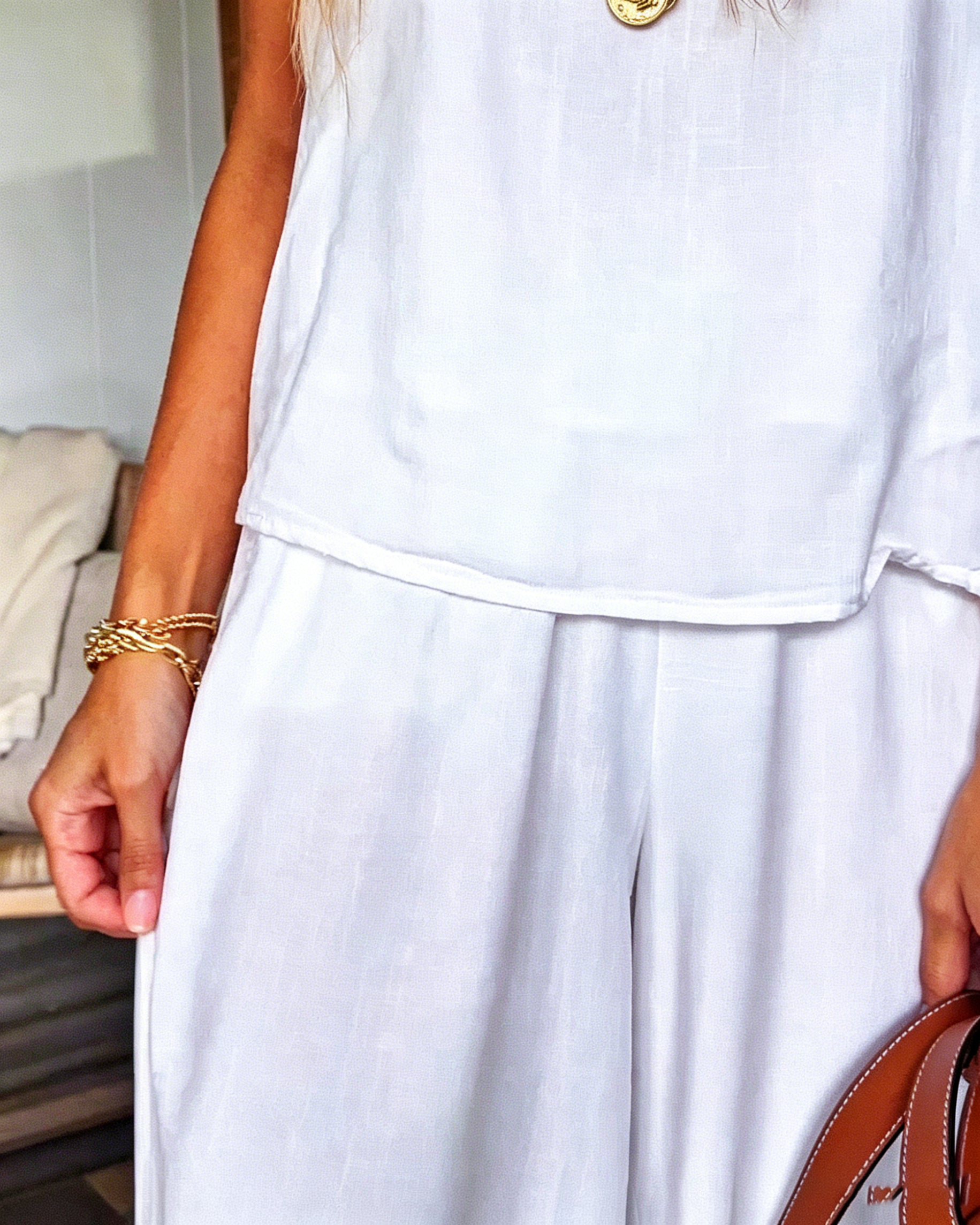 Women's Square Neck Sleeveless Flowy Tank Top Elastic Waist Wide Leg Linen Pant Two Piece Set