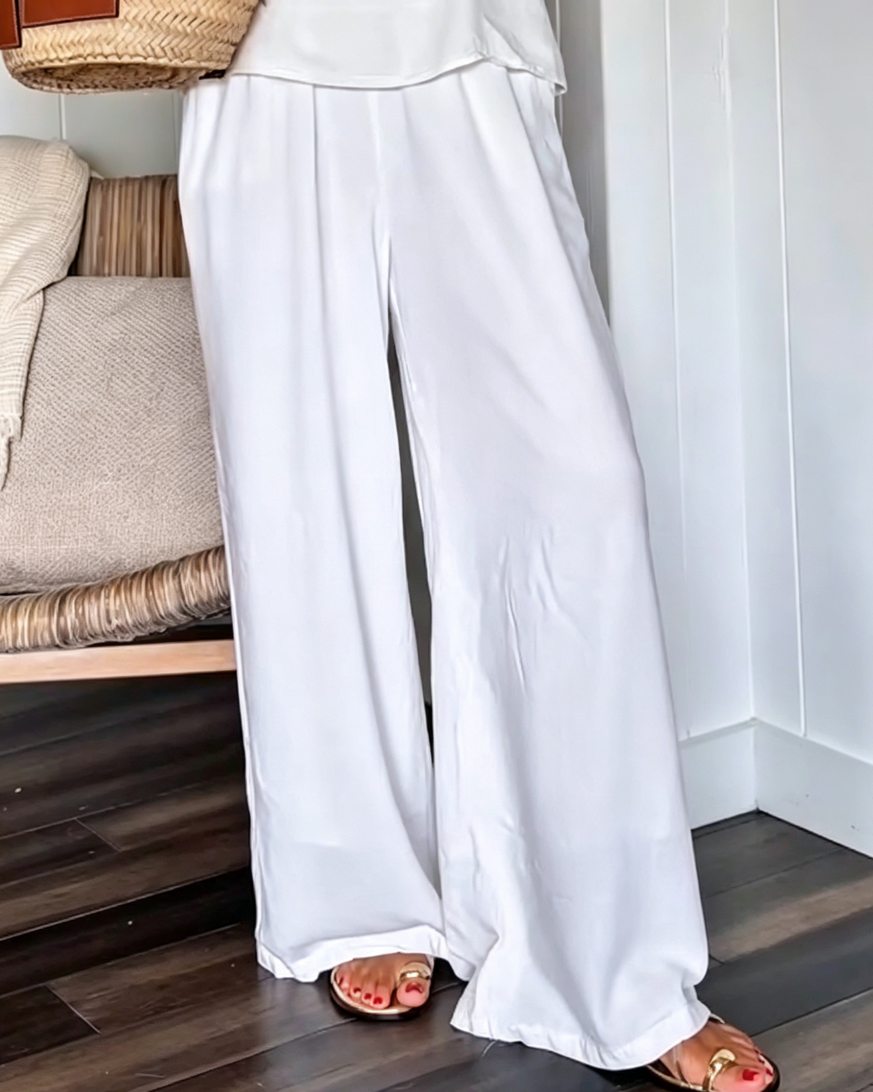 Women's Square Neck Sleeveless Flowy Tank Top Elastic Waist Wide Leg Linen Pant Two Piece Set