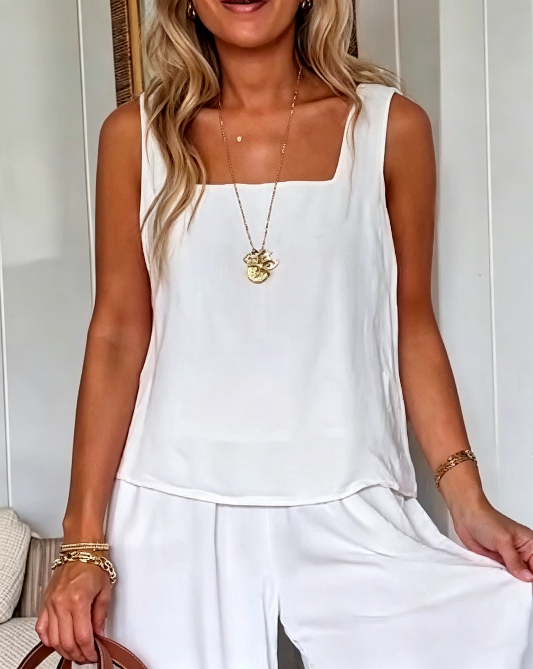 Women's Square Neck Sleeveless Flowy Tank Top Elastic Waist Wide Leg Linen Pant Two Piece Set