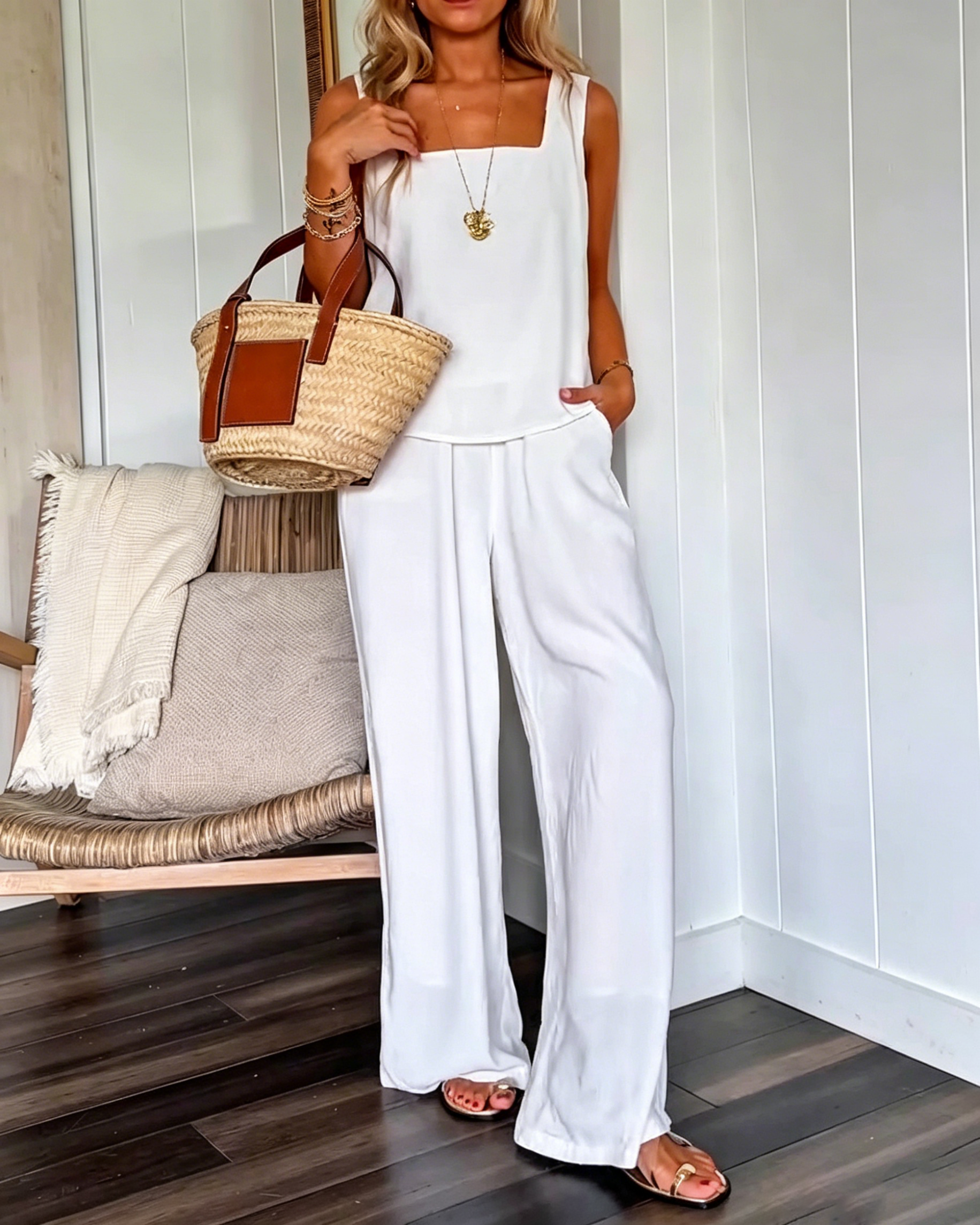 Women's Square Neck Sleeveless Flowy Tank Top Elastic Waist Wide Leg Linen Pant Two Piece Set