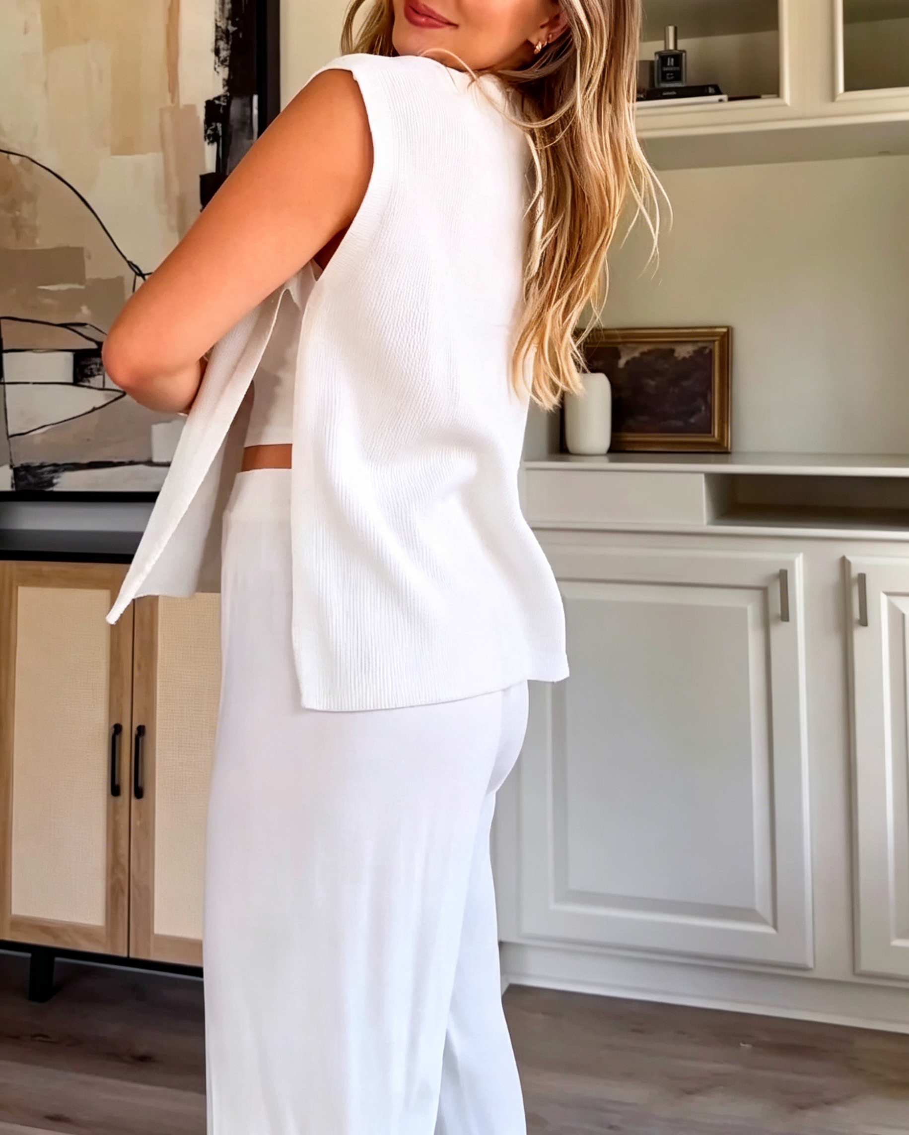 Women's Crew Neck Sleeveless Ribbed Knit Side Slit Top High Waist Wide Leg Flow Pant Minimalist Two Piece Set