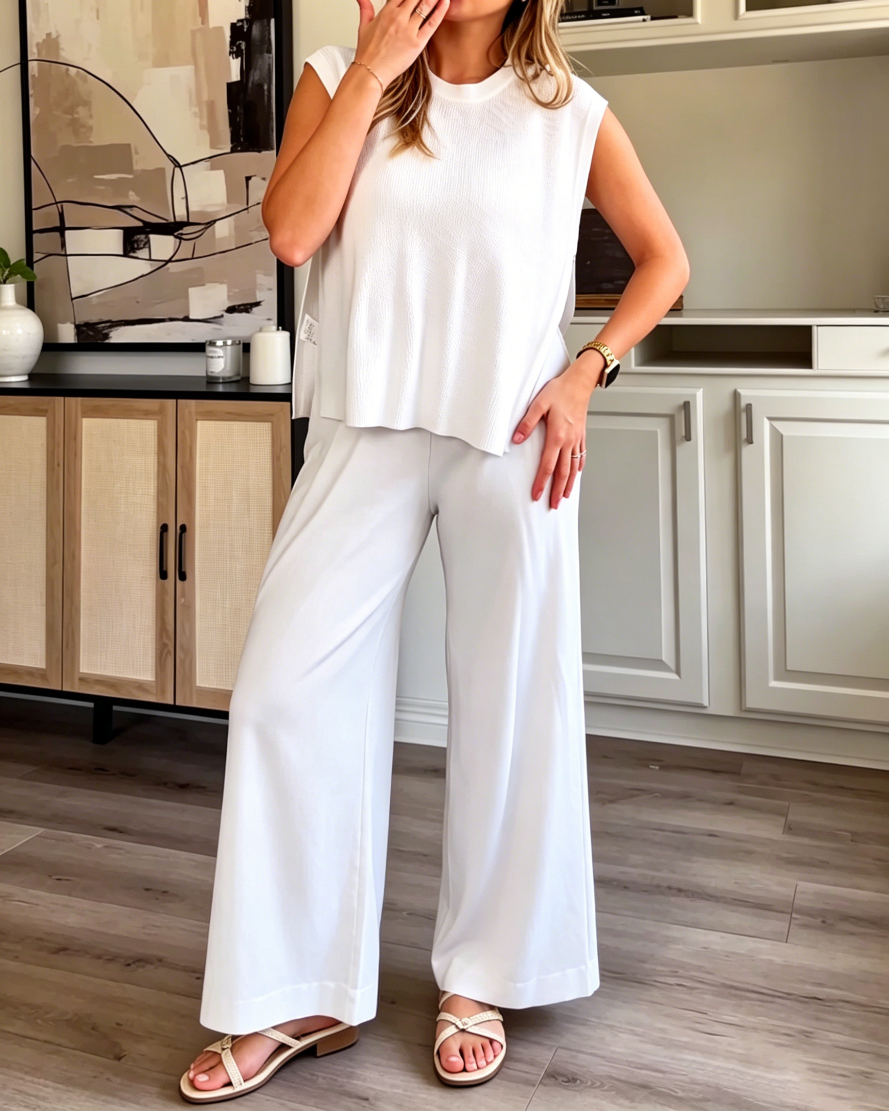 Women's Crew Neck Sleeveless Ribbed Knit Side Slit Top High Waist Wide Leg Flow Pant Minimalist Two Piece Set