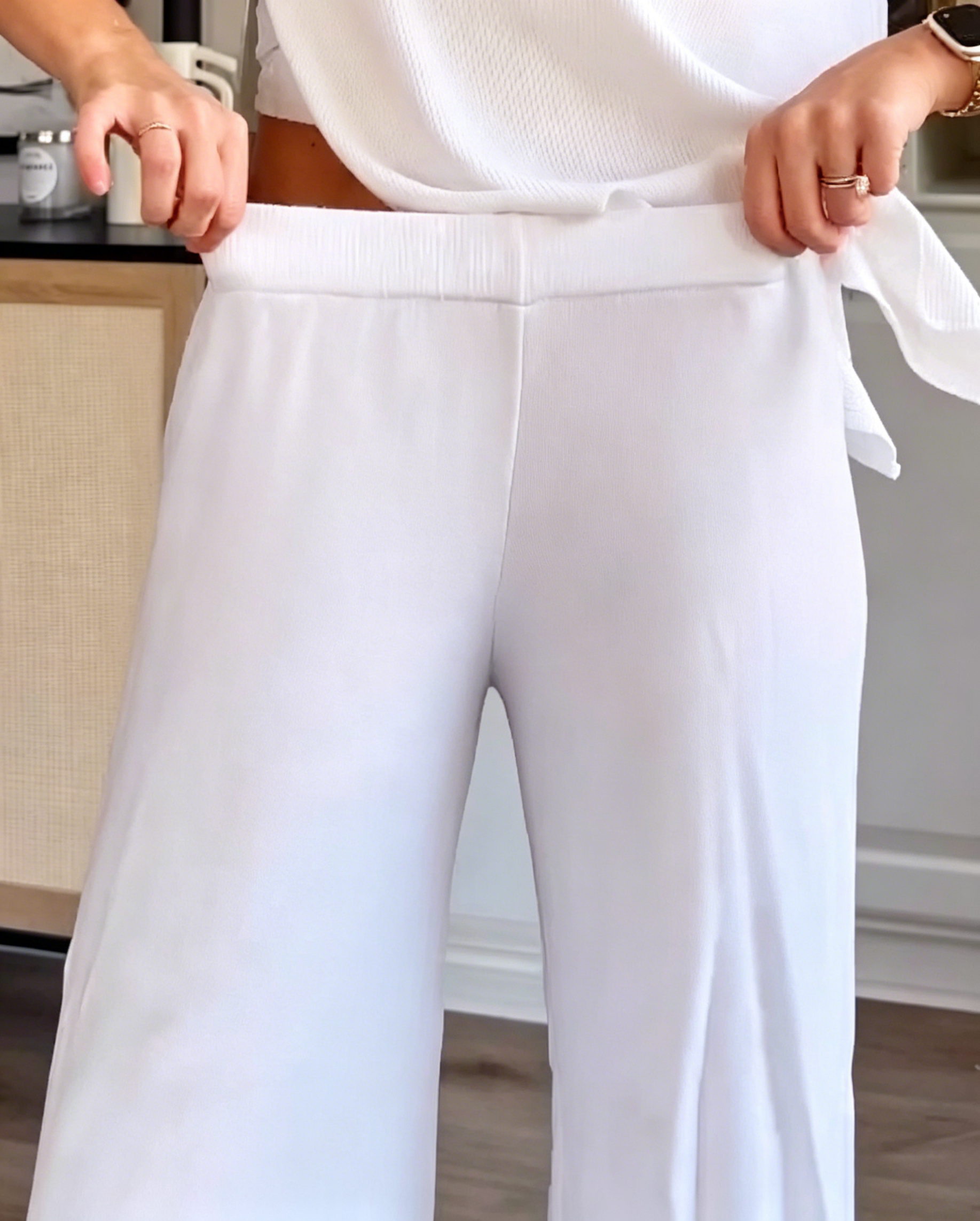 Women's Crew Neck Sleeveless Ribbed Knit Side Slit Top High Waist Wide Leg Flow Pant Minimalist Two Piece Set