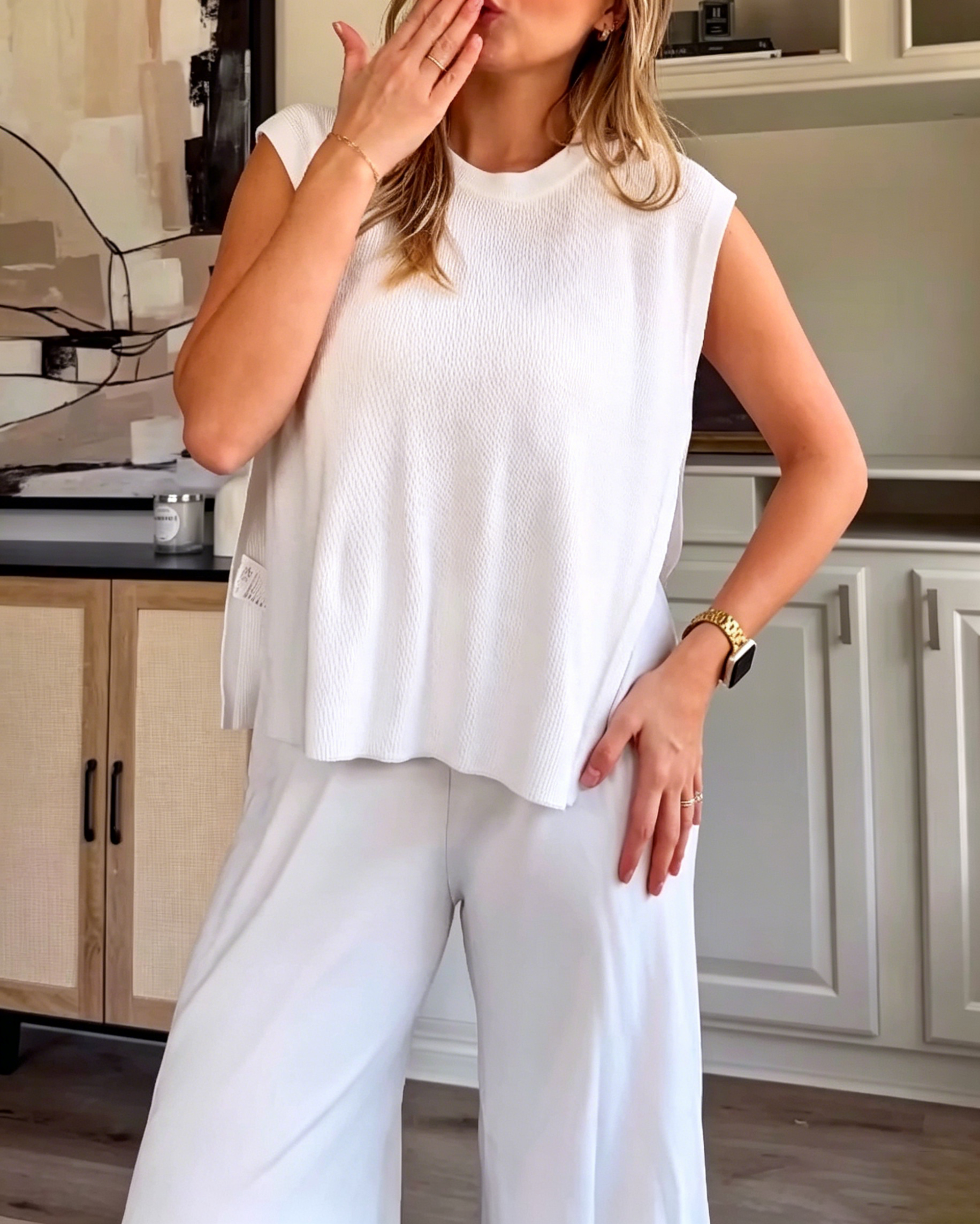 Women's Crew Neck Sleeveless Ribbed Knit Side Slit Top High Waist Wide Leg Flow Pant Minimalist Two Piece Set