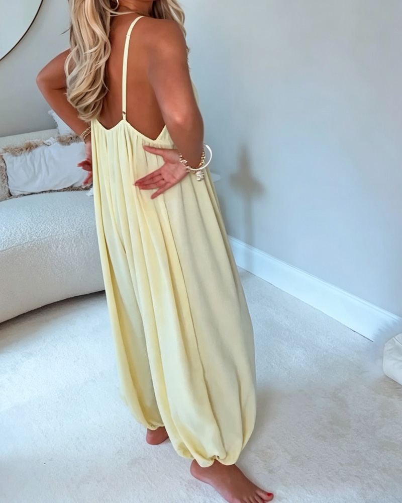 Women's Solid color deep V-neck jumpsuit
