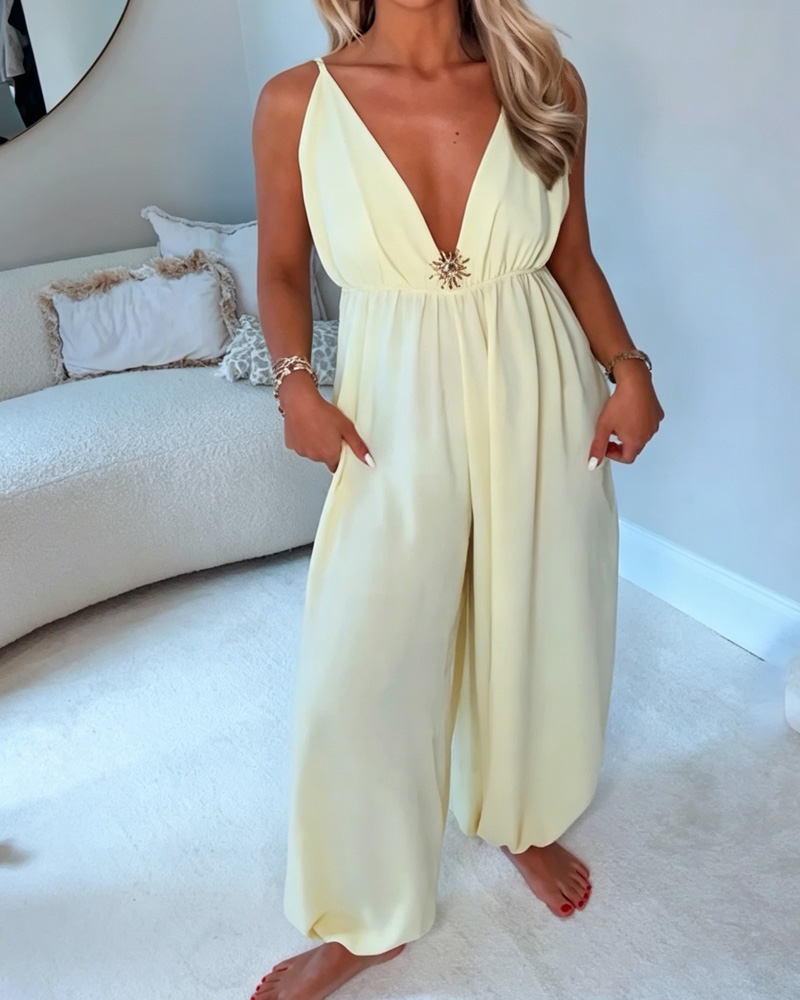 Women's Solid color deep V-neck jumpsuit
