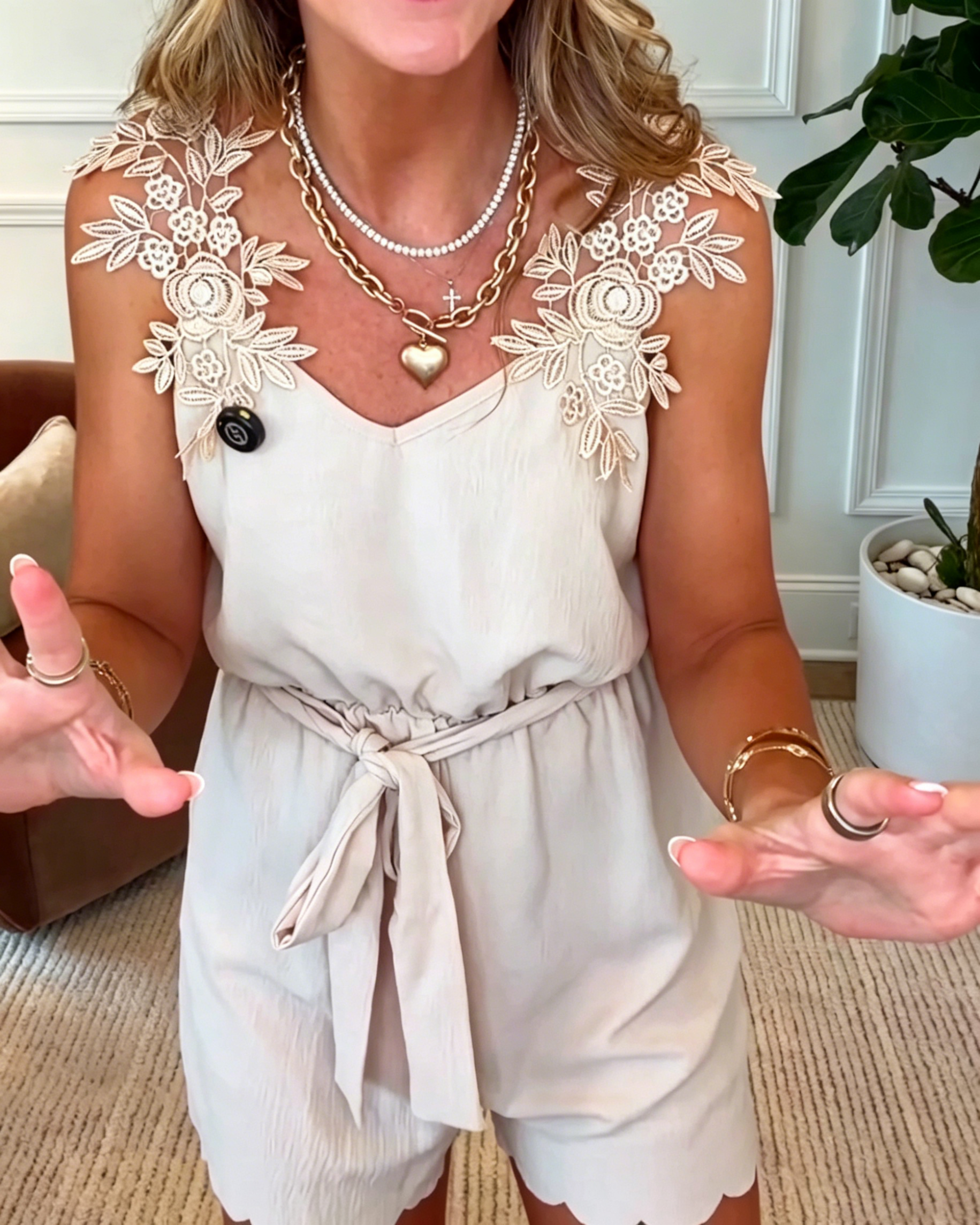 Women's Lace Appliqué Sleeveless Romper Jumpsuit, V Neck Self Tie Waist Scalloped Hem Casual Short Jumpsuit