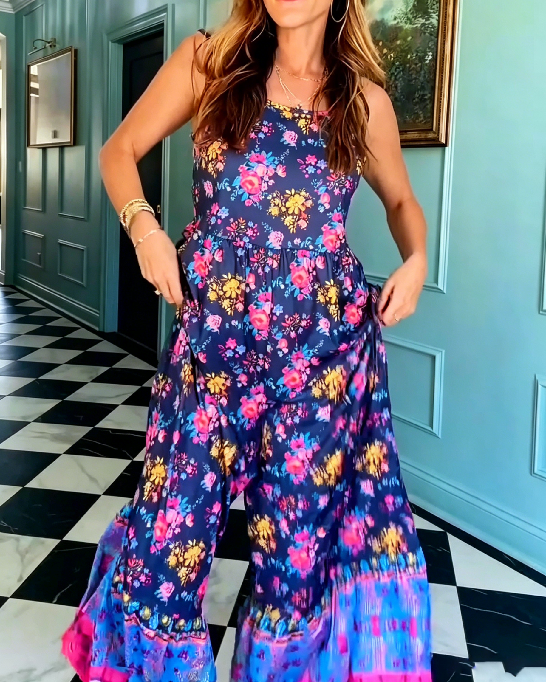Women's Ditsy Floral Spaghetti Strap Wide Leg Jumpsuit Pocketed Loose Tiered Hem Boho Vacation Long Jumpsuit