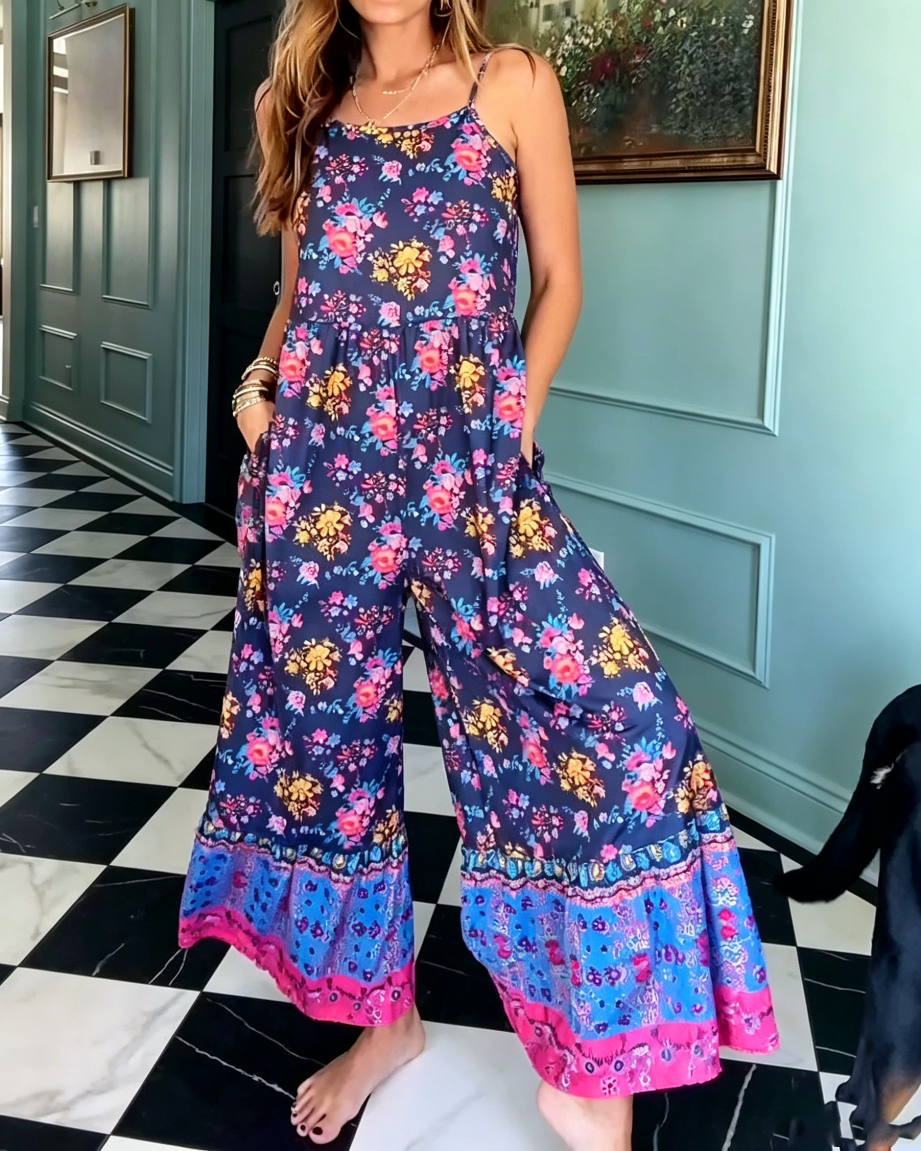 Women's Ditsy Floral Spaghetti Strap Wide Leg Jumpsuit Pocketed Loose Tiered Hem Boho Vacation Long Jumpsuit