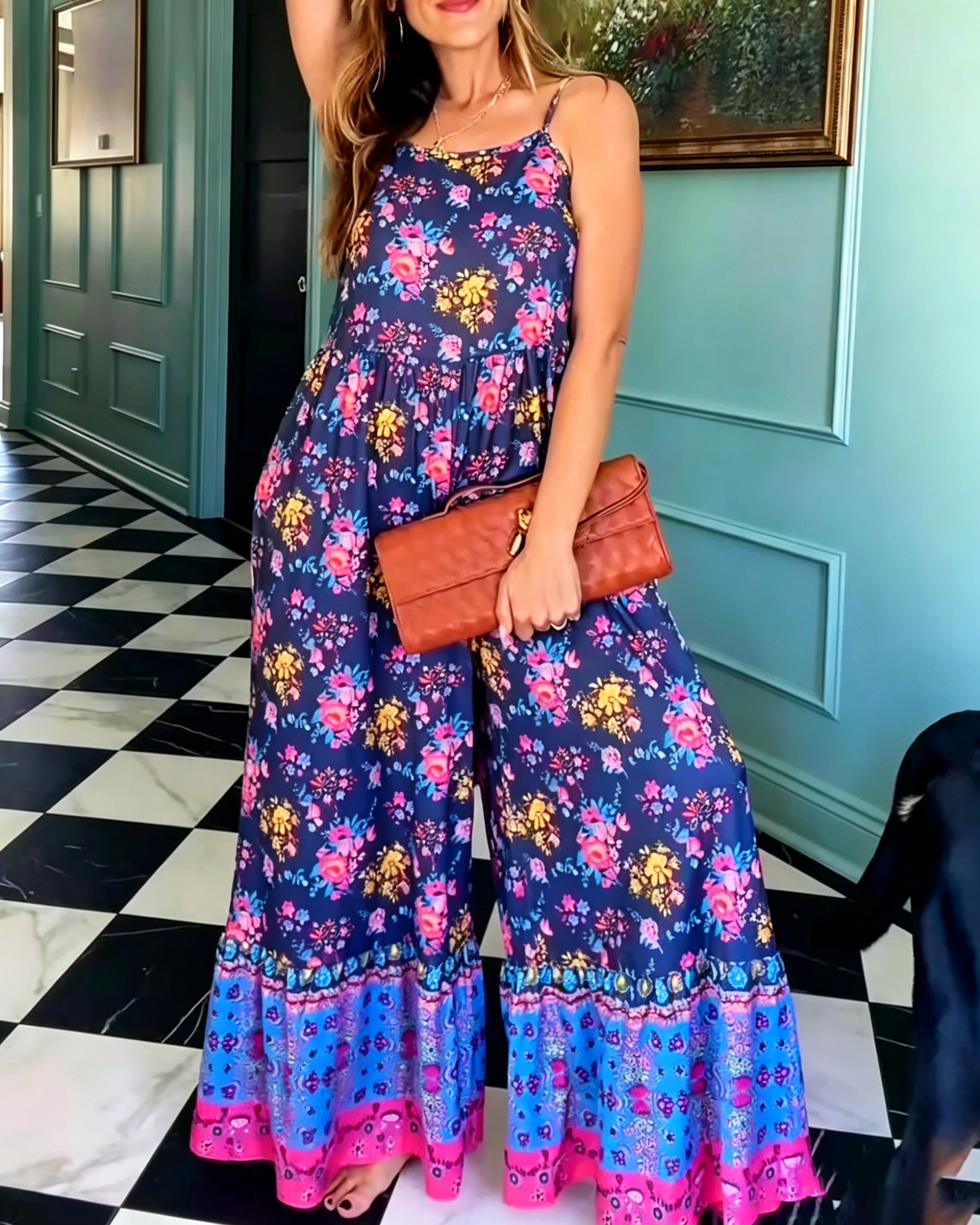 Women's Ditsy Floral Spaghetti Strap Wide Leg Jumpsuit Pocketed Loose Tiered Hem Boho Vacation Long Jumpsuit