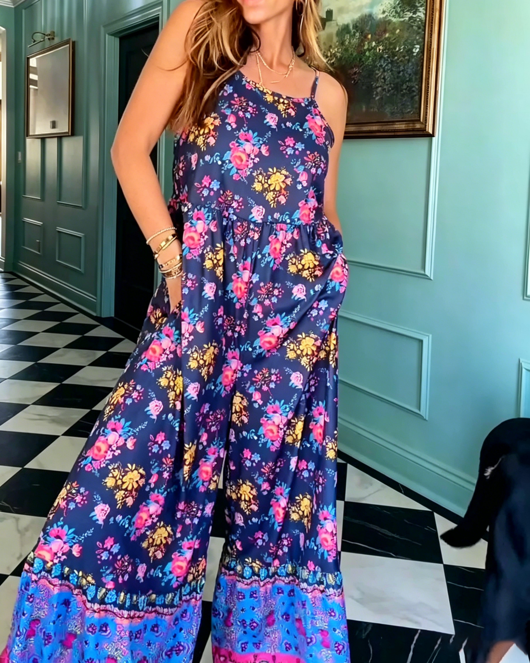 Women's Ditsy Floral Spaghetti Strap Wide Leg Jumpsuit Pocketed Loose Tiered Hem Boho Vacation Long Jumpsuit
