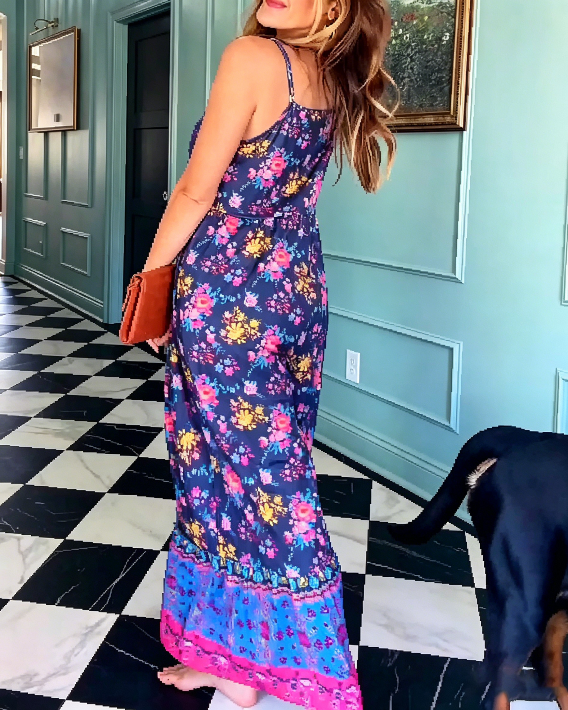 Women's Ditsy Floral Spaghetti Strap Wide Leg Jumpsuit Pocketed Loose Tiered Hem Boho Vacation Long Jumpsuit