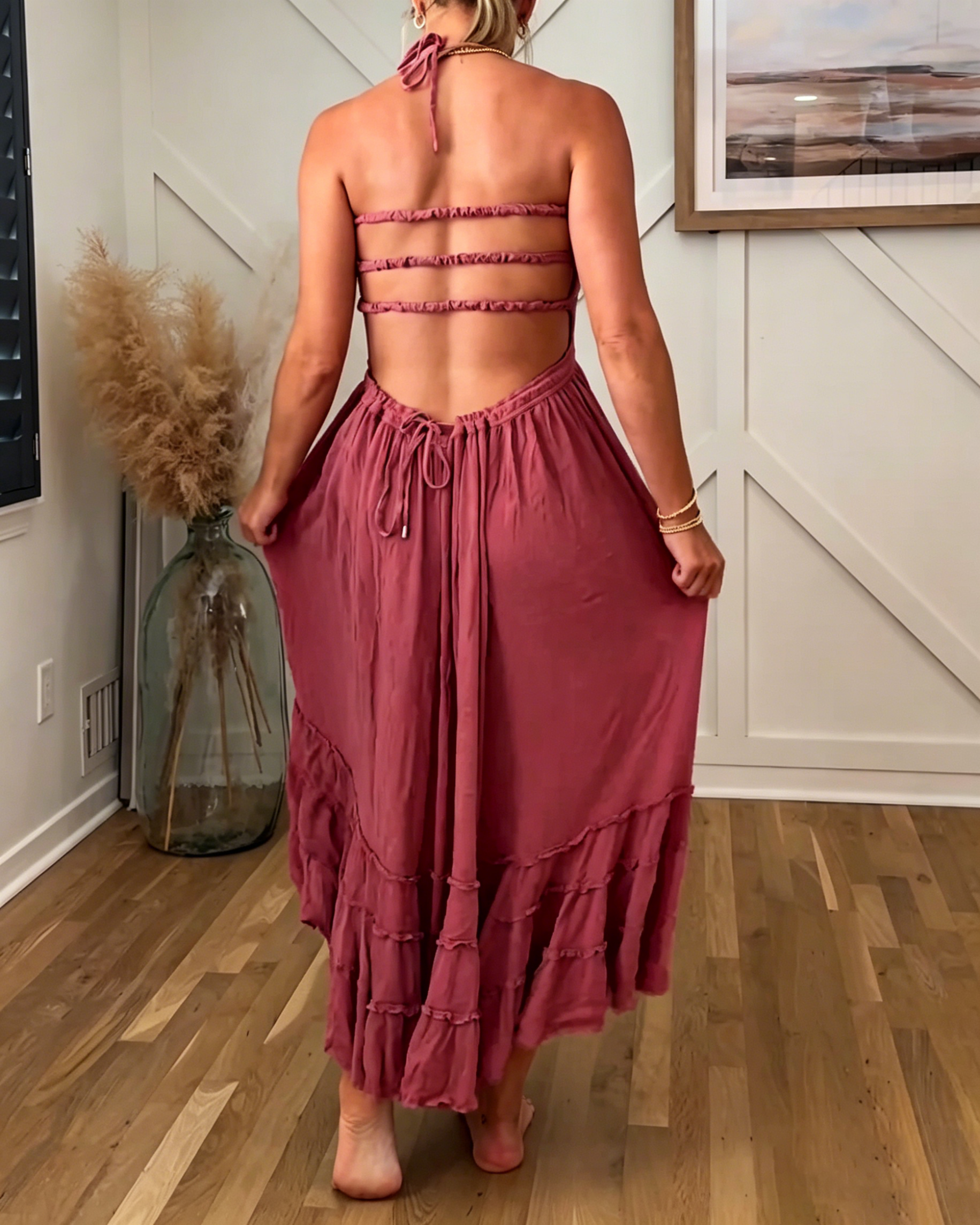 Women's Halter Tiered Midi Dress, Textured Ribbed Bust Flowy Ruffle Hem Casual Vacation Sundress