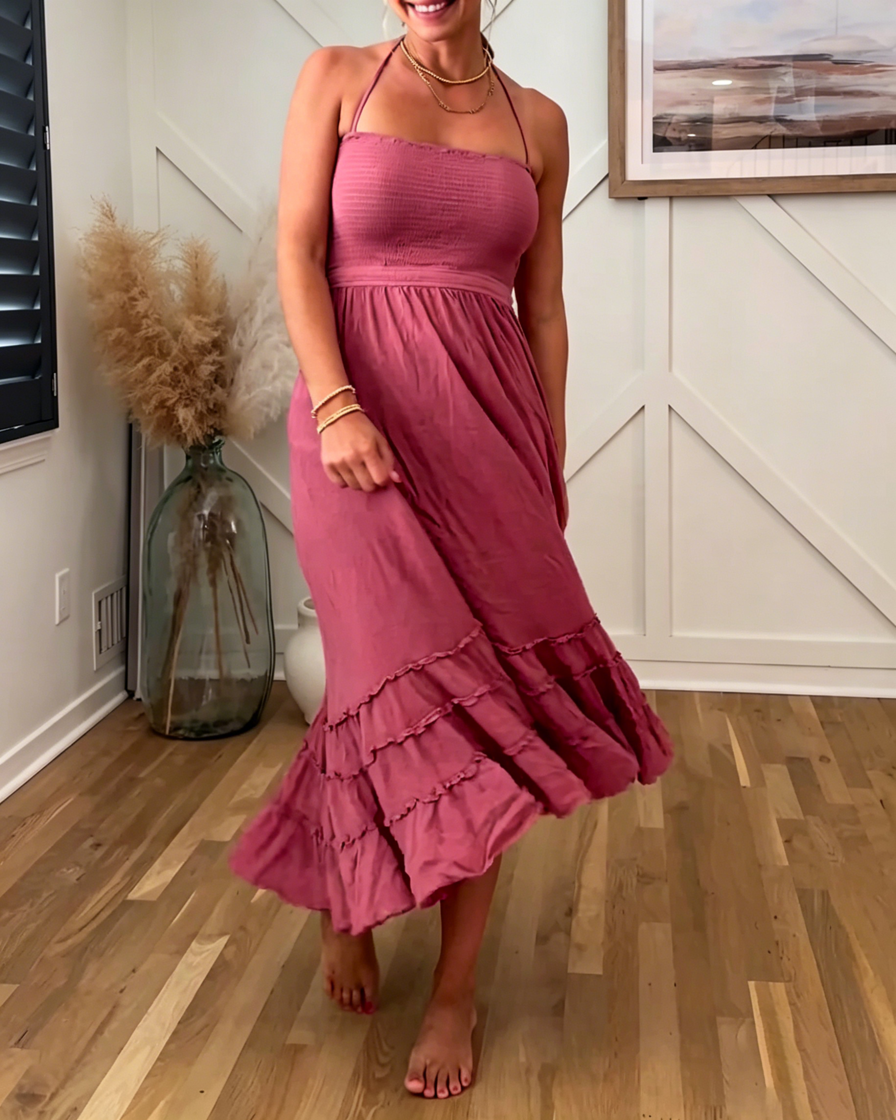 Women's Halter Tiered Midi Dress, Textured Ribbed Bust Flowy Ruffle Hem Casual Vacation Sundress