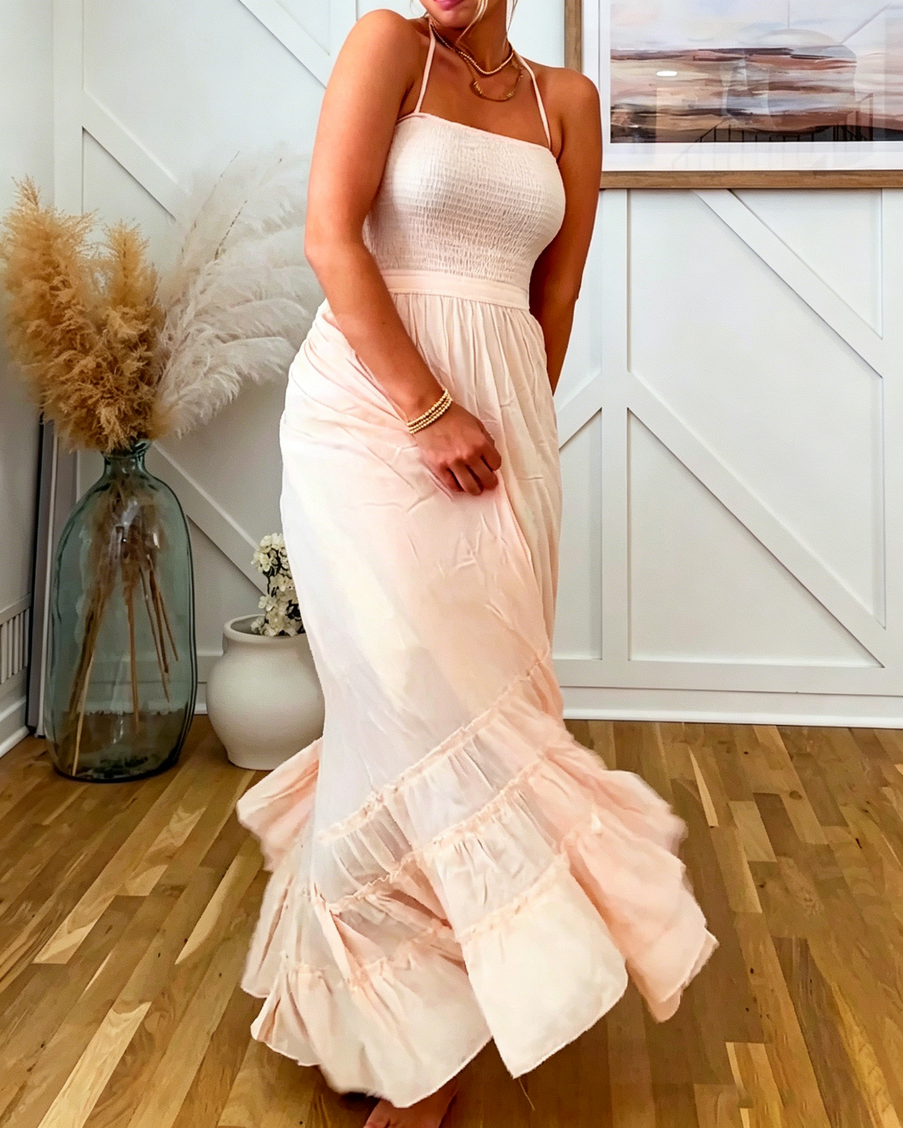 Women's Halter Tiered Midi Dress, Textured Ribbed Bust Flowy Ruffle Hem Casual Vacation Sundress