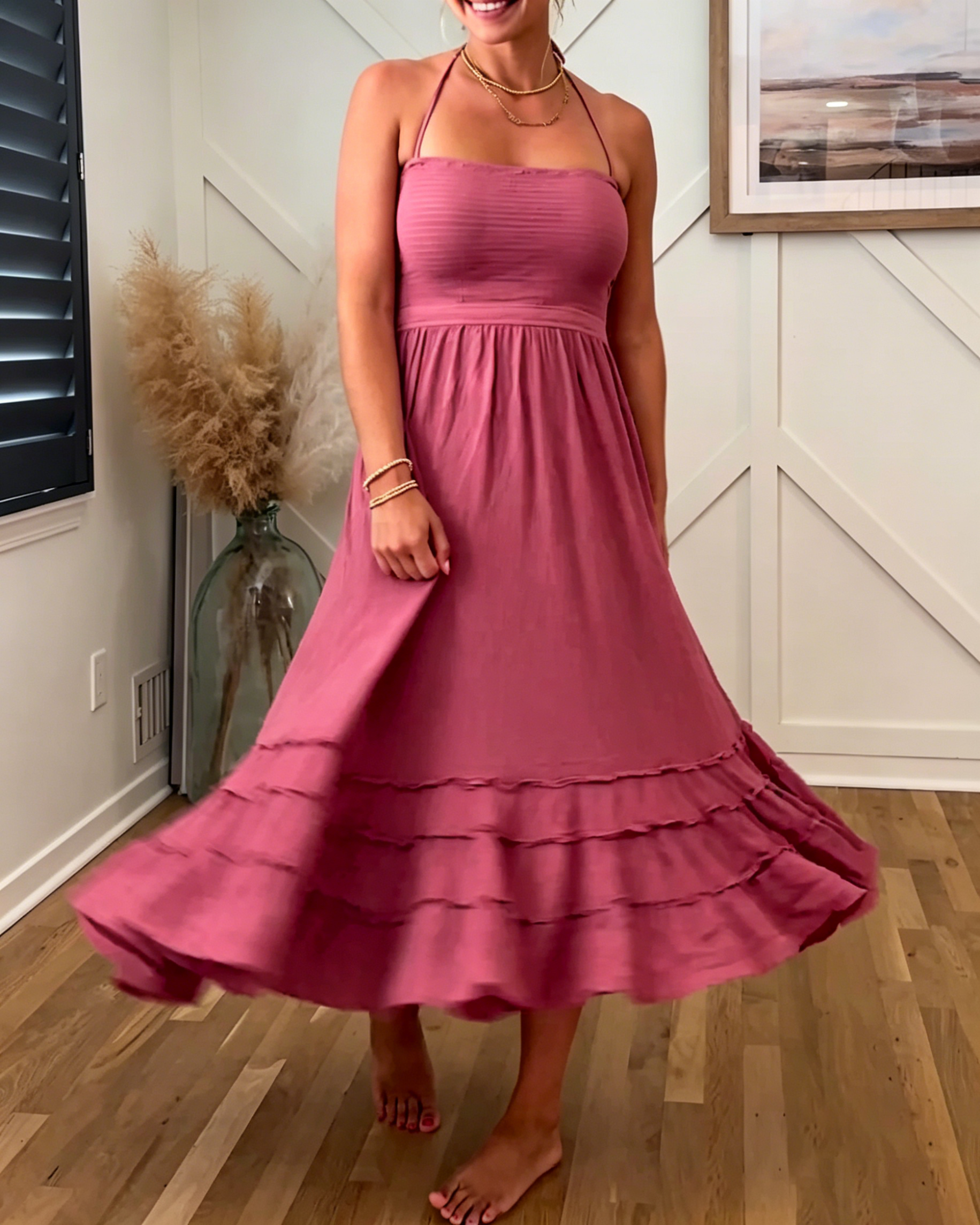 Women's Halter Tiered Midi Dress, Textured Ribbed Bust Flowy Ruffle Hem Casual Vacation Sundress