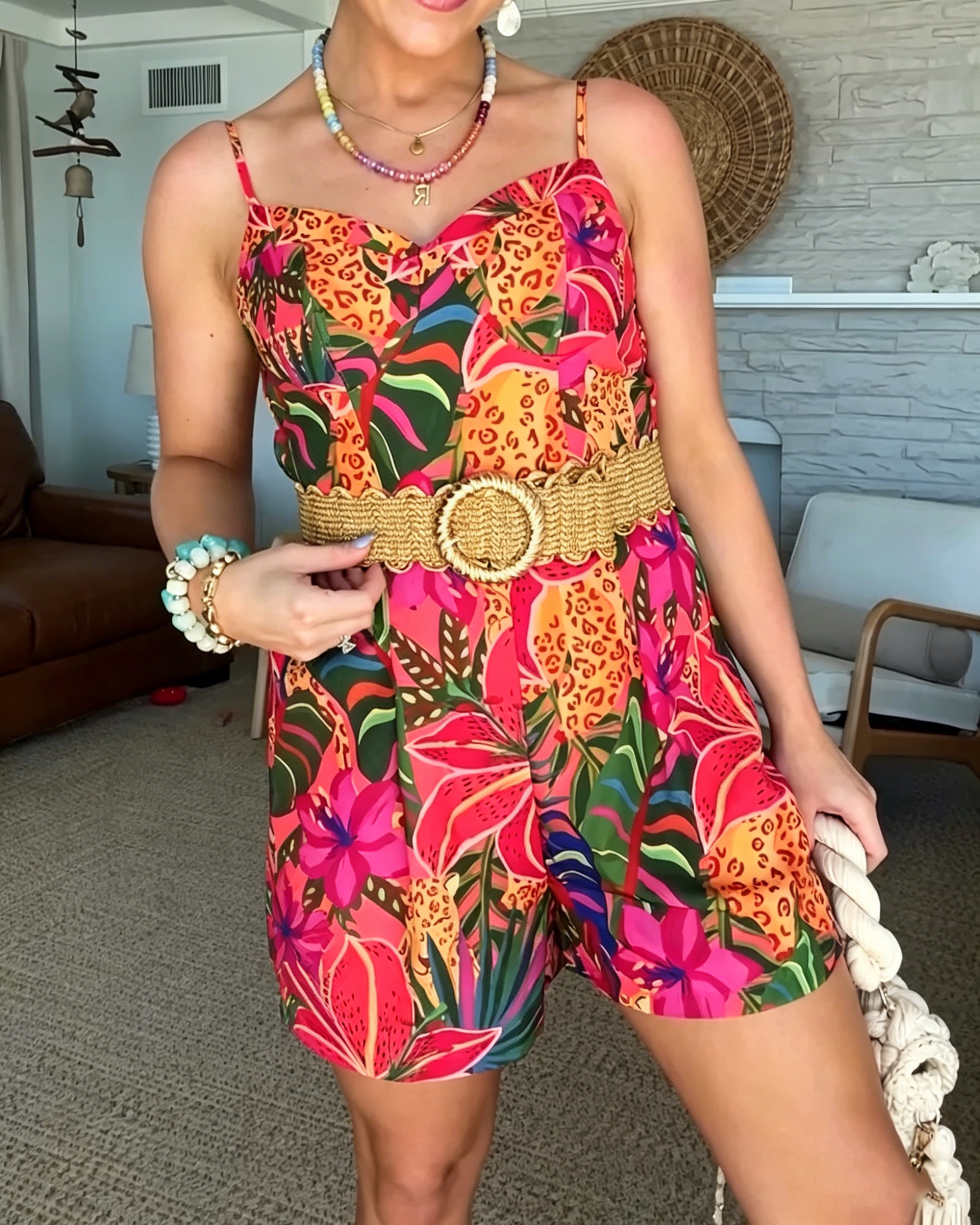 Women's Leopard Floral Print Romper Jumpsuit, V Neck Spaghetti Strap Wide Leg Short Jumpsuit With Matching Belt