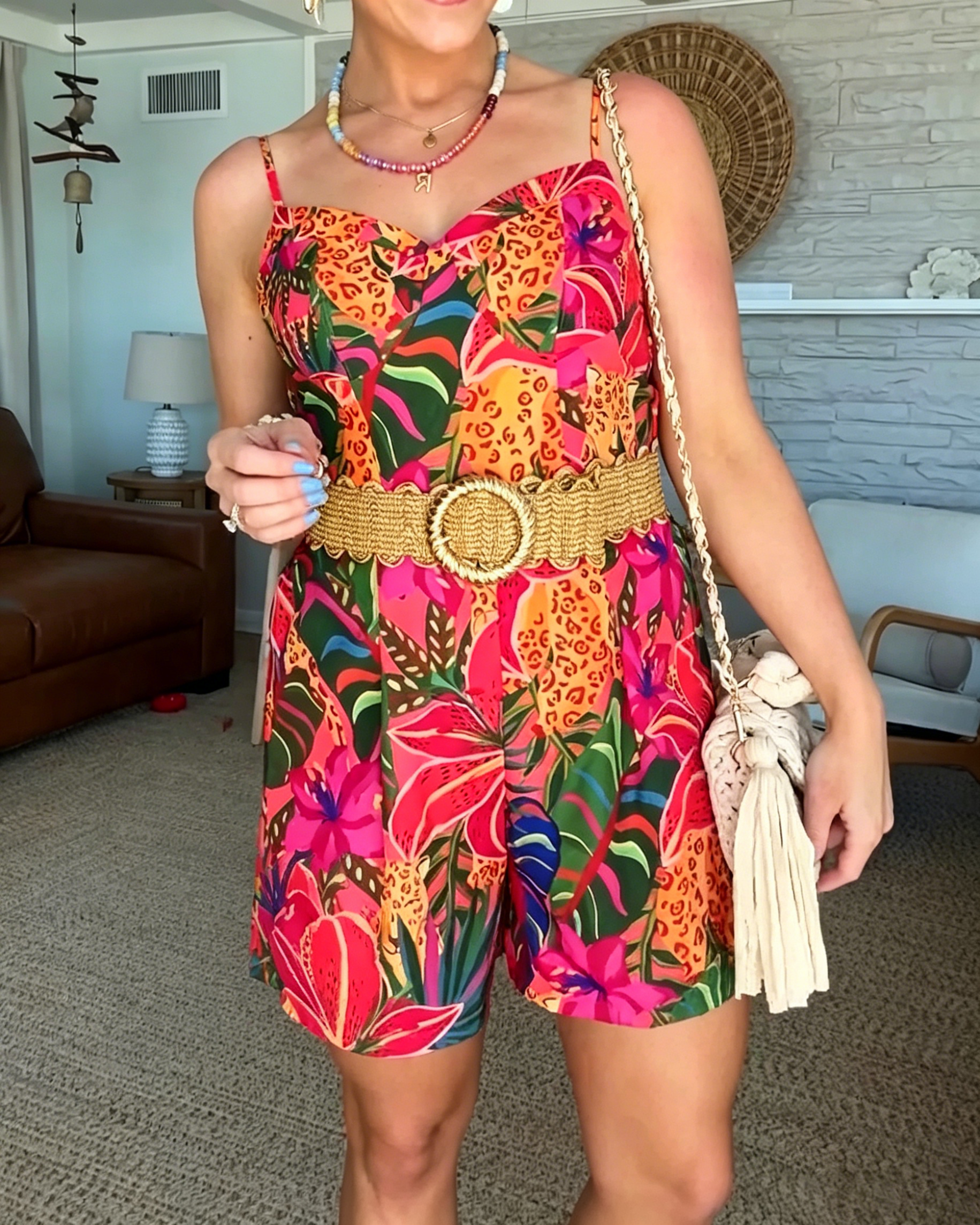 Women's Leopard Floral Print Romper Jumpsuit, V Neck Spaghetti Strap Wide Leg Short Jumpsuit With Matching Belt