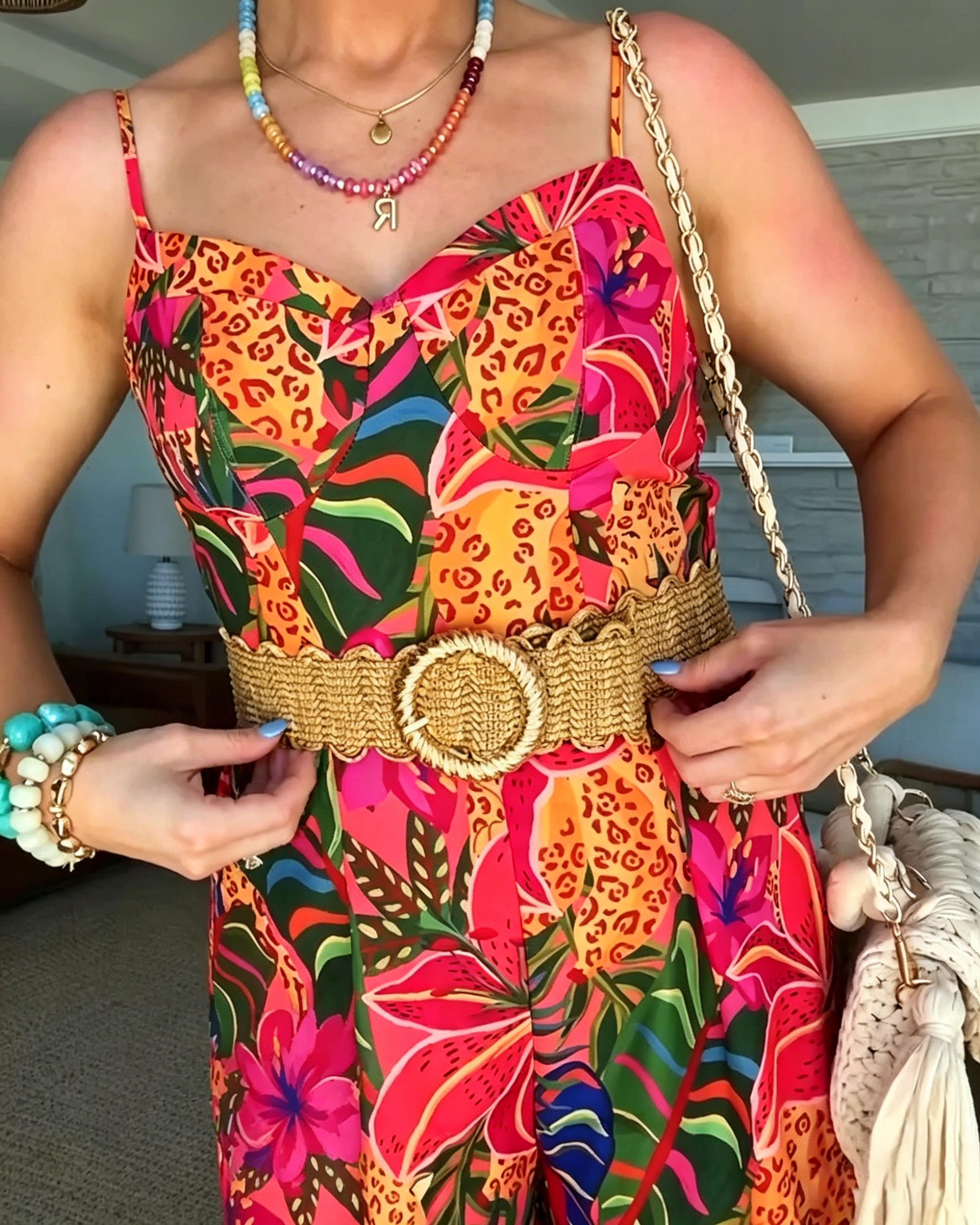 Women's Leopard Floral Print Romper Jumpsuit, V Neck Spaghetti Strap Wide Leg Short Jumpsuit With Matching Belt
