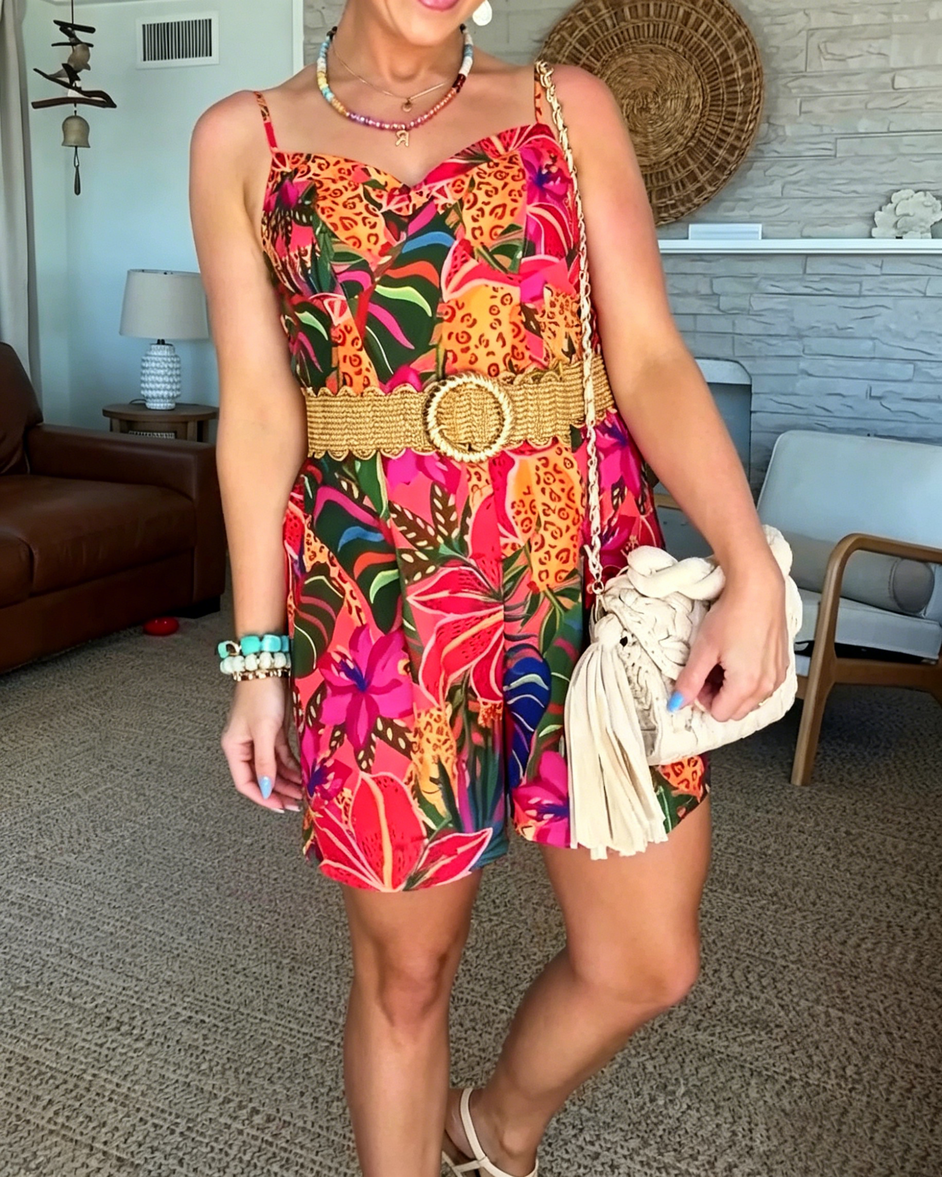 Women's Leopard Floral Print Romper Jumpsuit, V Neck Spaghetti Strap Wide Leg Short Jumpsuit With Matching Belt