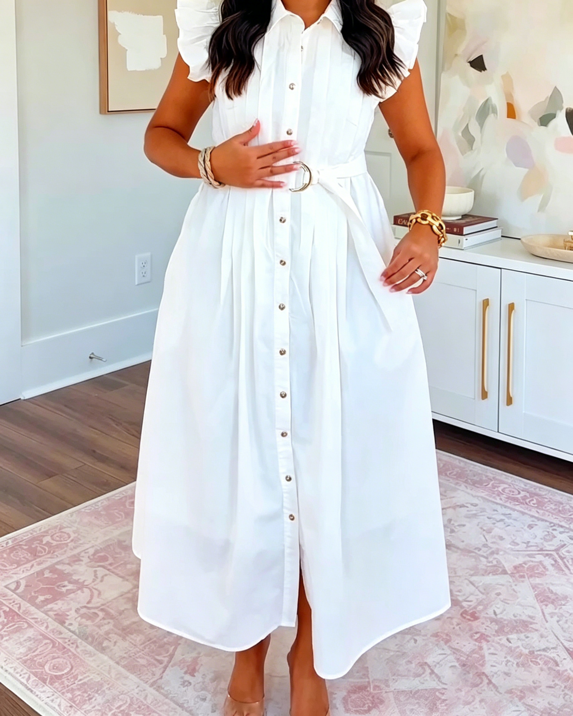 Women's Ruffle Cap Sleeve Belted Midi Shirt Dress, Collar Button Front Pleated Waist Flowy Casual Office Dress