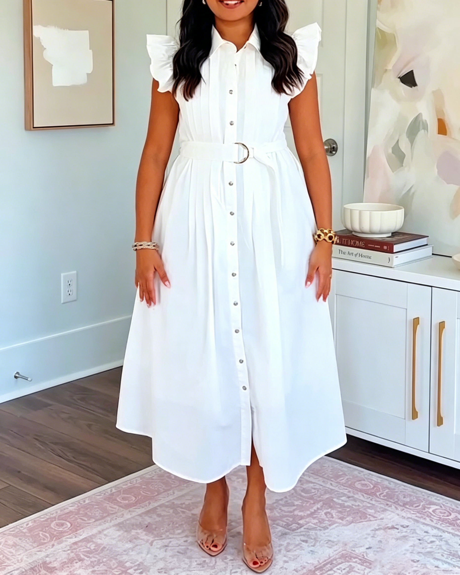 Women's Ruffle Cap Sleeve Belted Midi Shirt Dress, Collar Button Front Pleated Waist Flowy Casual Office Dress