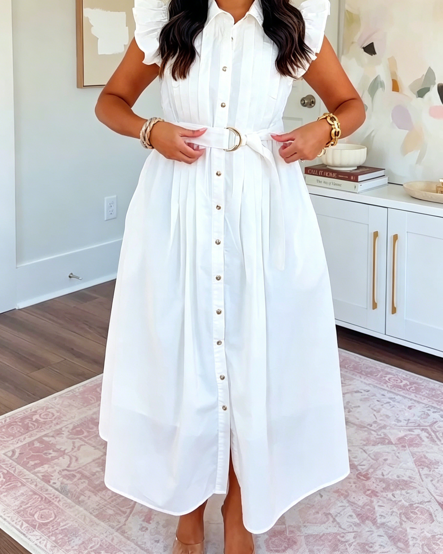 Women's Ruffle Cap Sleeve Belted Midi Shirt Dress, Collar Button Front Pleated Waist Flowy Casual Office Dress