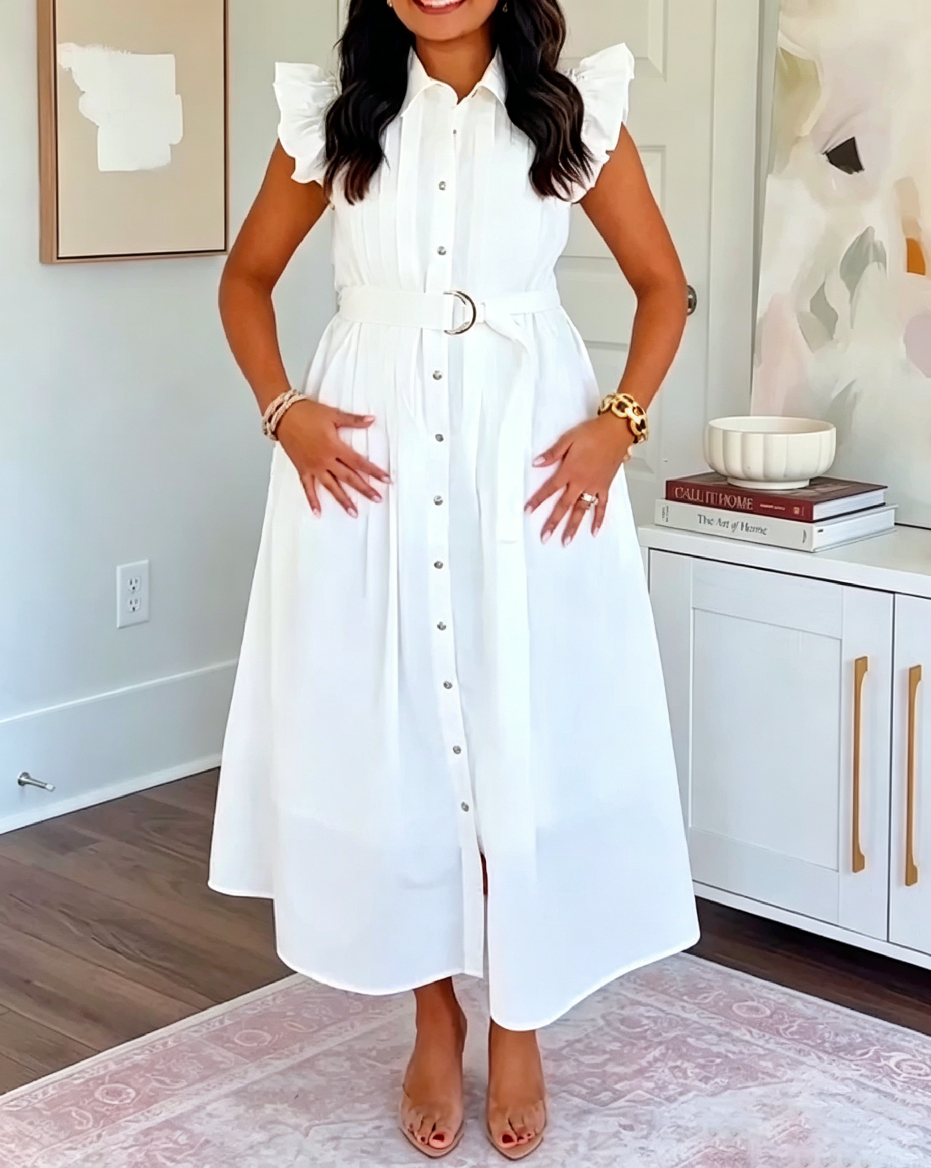 Women's Ruffle Cap Sleeve Belted Midi Shirt Dress, Collar Button Front Pleated Waist Flowy Casual Office Dress