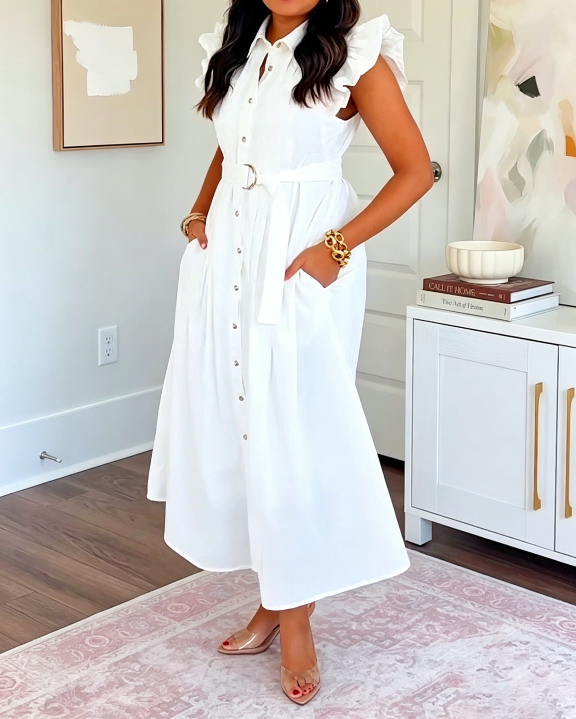 Women's Ruffle Cap Sleeve Belted Midi Shirt Dress, Collar Button Front Pleated Waist Flowy Casual Office Dress