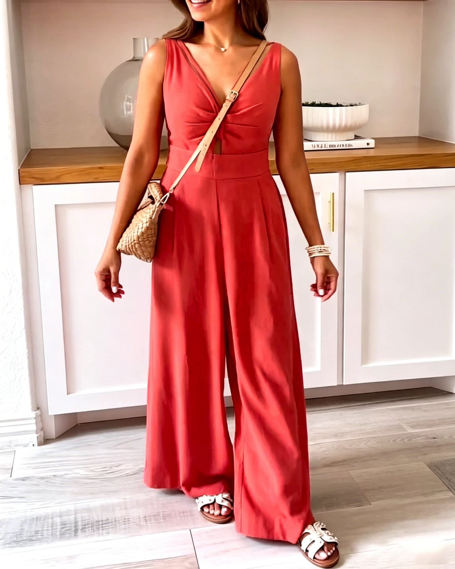 Women's Twist Cutout Sleeveless Wide Leg Jumpsuit, Deep V Neck High Waist Pleated Pocketed Casual Jumpsuit