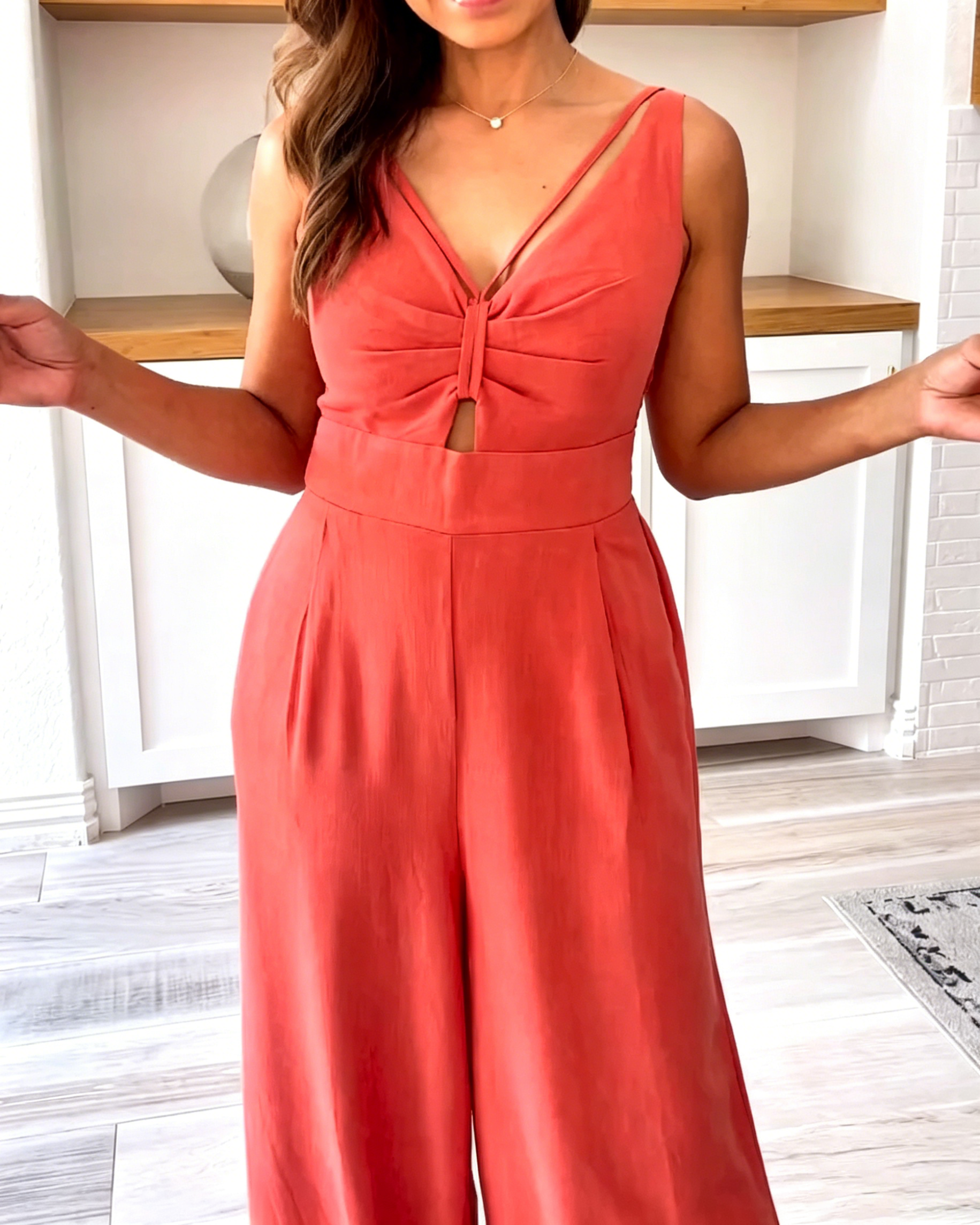 Women's Twist Cutout Sleeveless Wide Leg Jumpsuit, Deep V Neck High Waist Pleated Pocketed Casual Jumpsuit