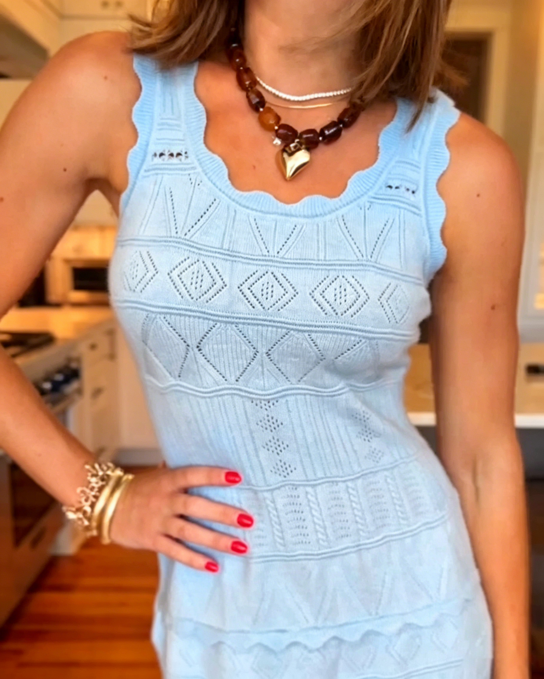 Women's Scalloped Edge Knit Mini Dress, Sleeveless Geometric Hollow Out Layered Ribbed Slim Summer Sundress
