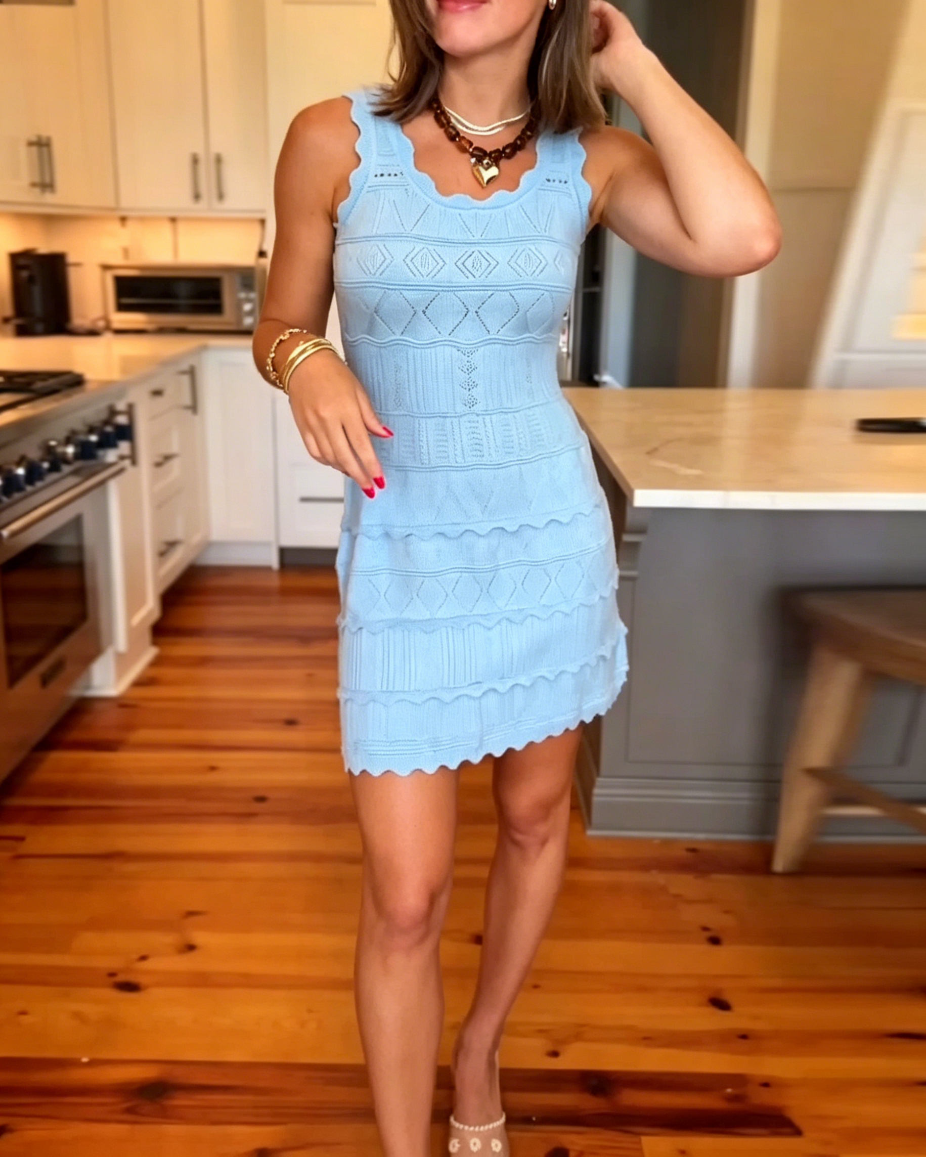 Women's Scalloped Edge Knit Mini Dress, Sleeveless Geometric Hollow Out Layered Ribbed Slim Summer Sundress