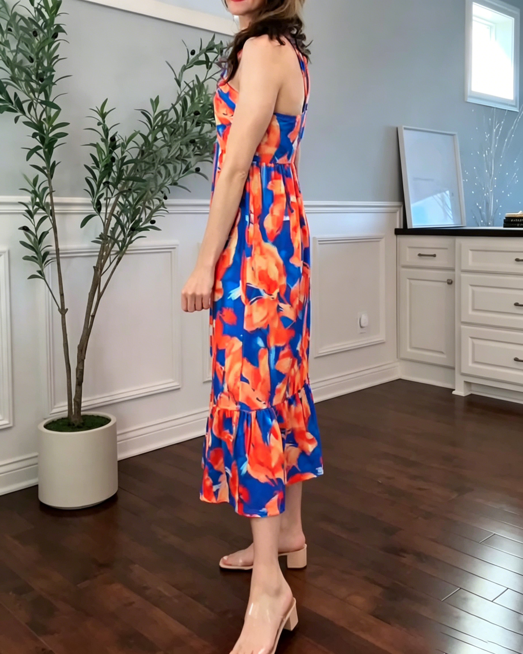 Women's Abstract Leaf Halter Midi Dress, Twist Knot Neck Empire Waist Flowy Tiered Summer Sundress