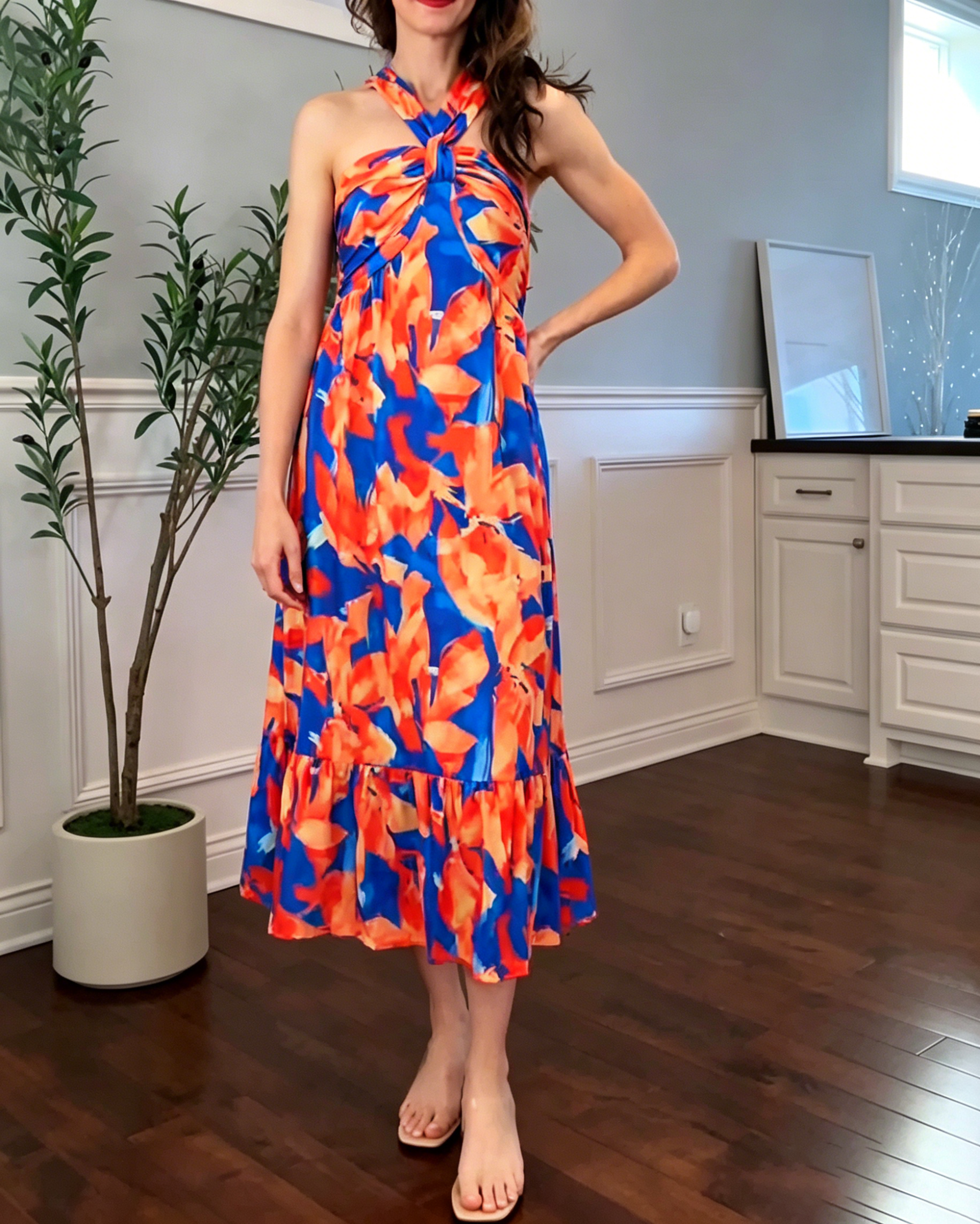 Women's Abstract Leaf Halter Midi Dress, Twist Knot Neck Empire Waist Flowy Tiered Summer Sundress
