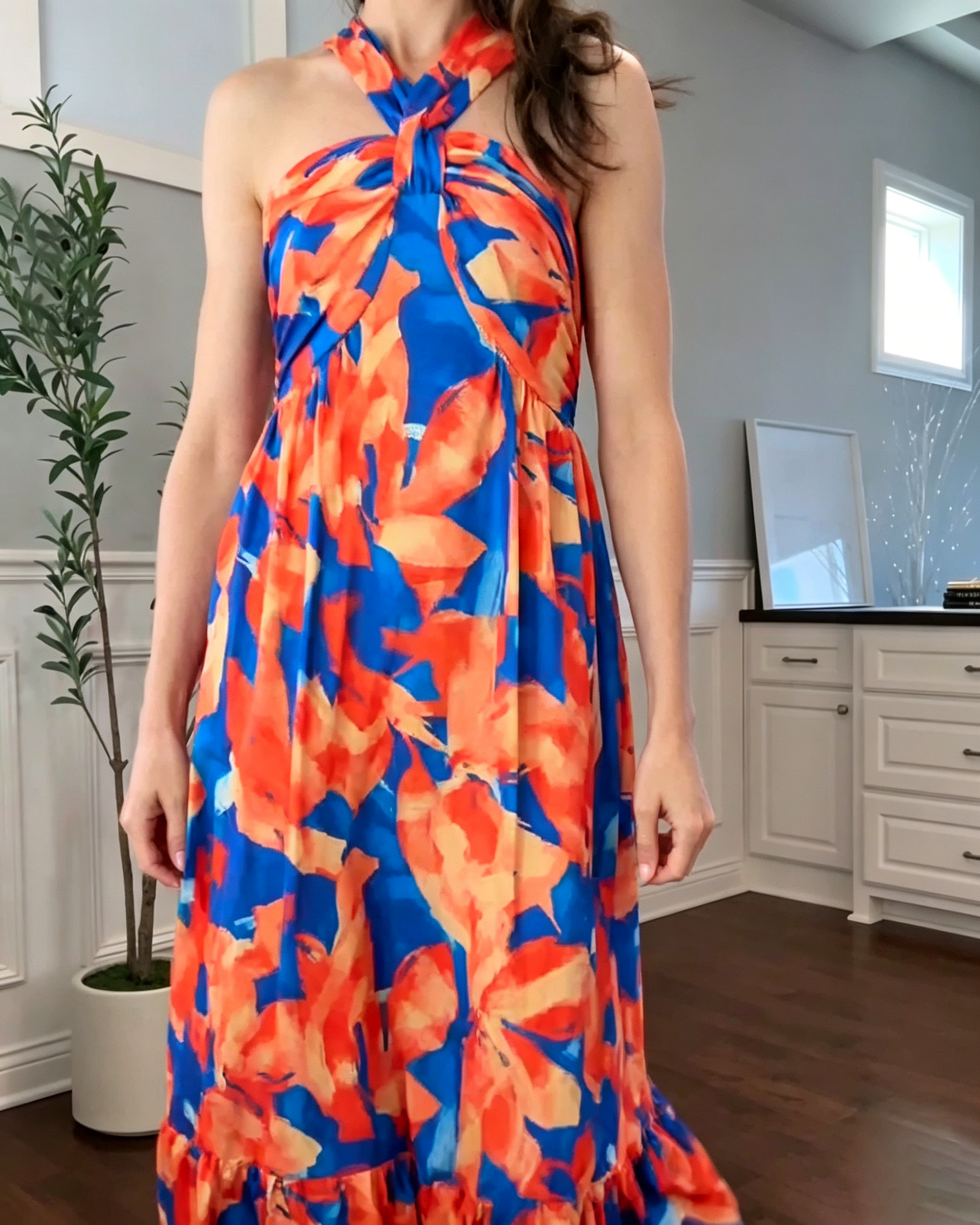 Women's Abstract Leaf Halter Midi Dress, Twist Knot Neck Empire Waist Flowy Tiered Summer Sundress