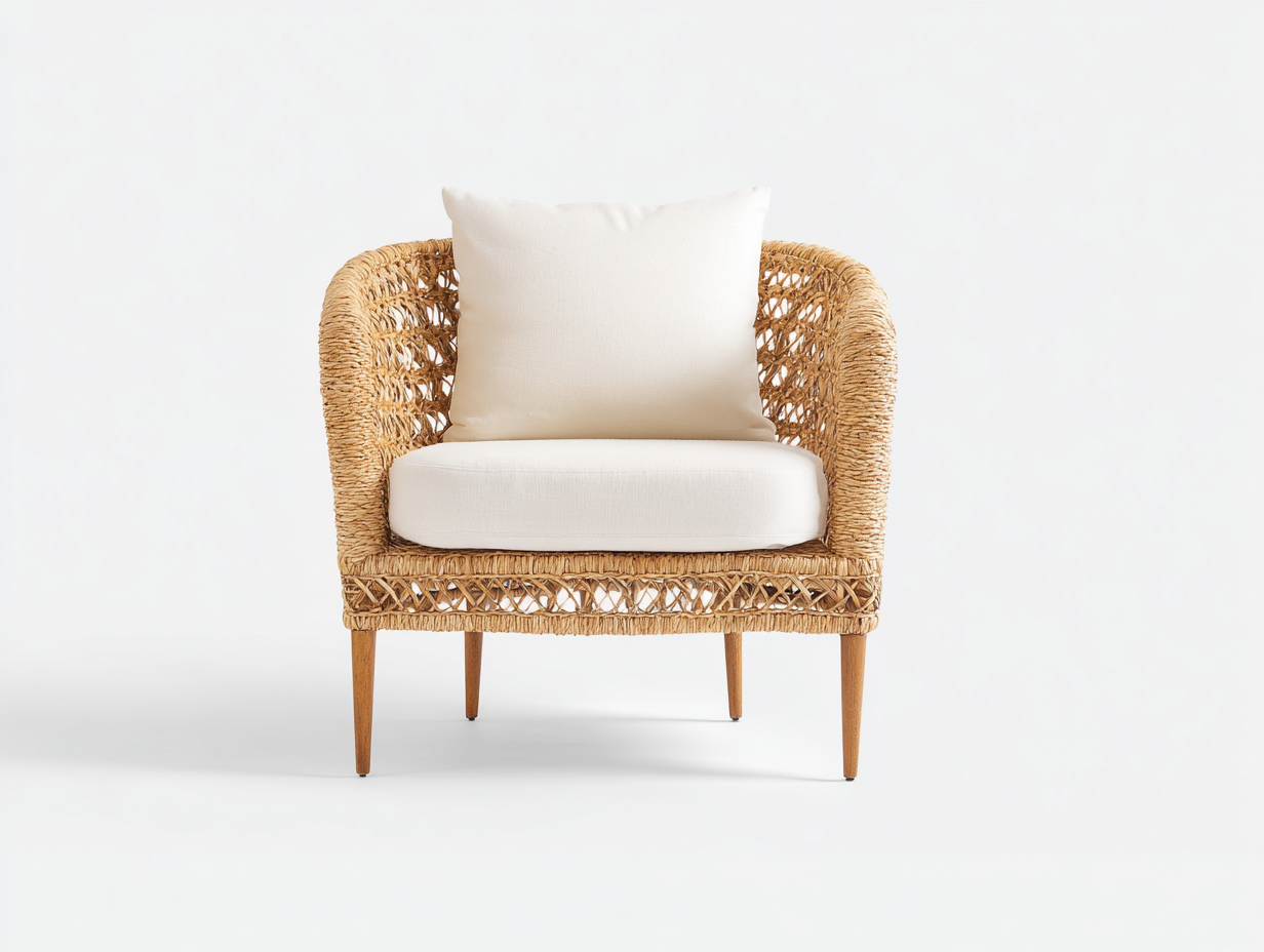 Fauteuil en rotin - rotin-bois-tissu - 90x78x76 cm - naturel-crème - bohème-Ravoaloft