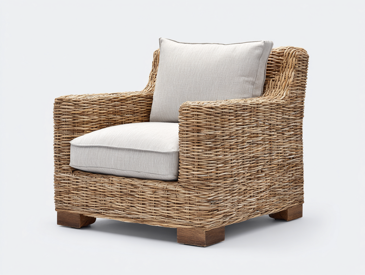 Fauteuil en rotin - rotin-tissu-bois - 86x82x79 cm - naturel-gris clair - contemporain-Ravoaloft
