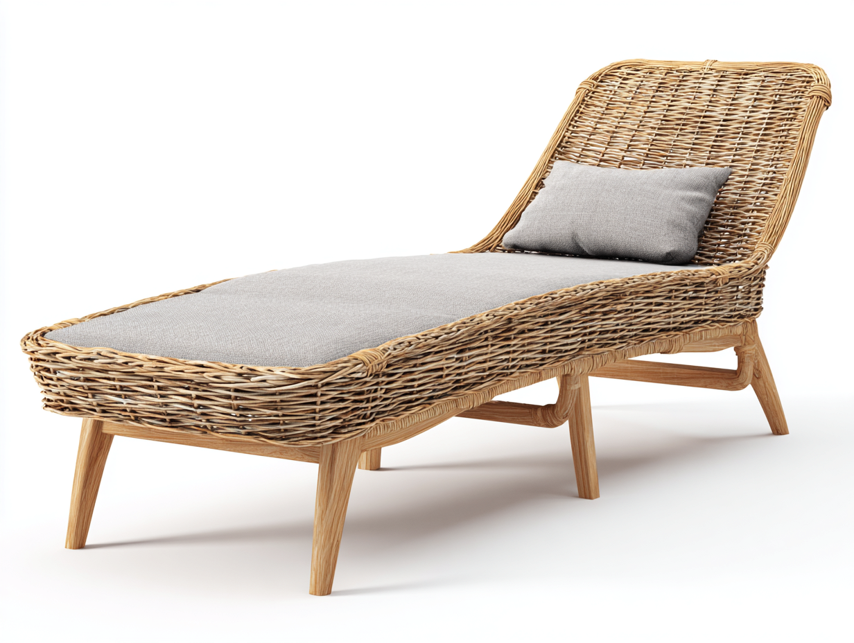 Bain de soleil - rotin - bois - tissu - 196 x 77 x 86 cm - gris-naturel - style extérieur contemporain-Ravoaloft