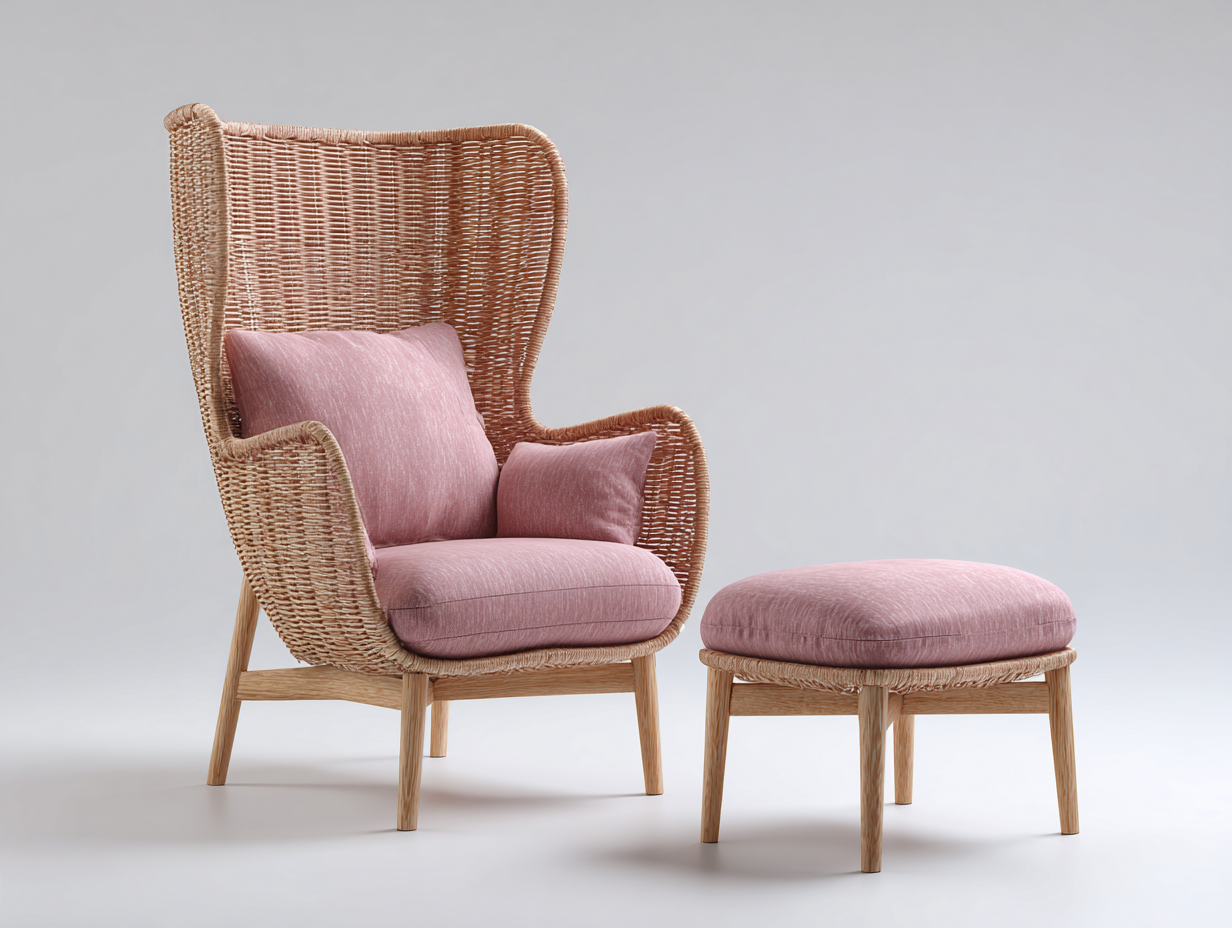 Fauteuil en rotin - rotin-tissu-bois - 86x78x118 cm - naturel-rose - lounge-Ravoaloft