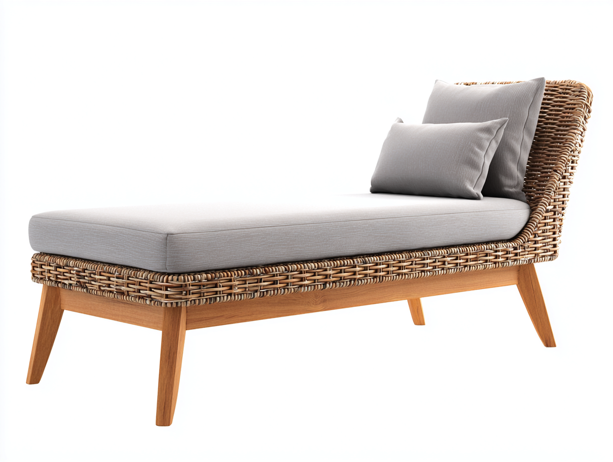 Bain de soleil - rotin - bois - tissu - 195 x 78 x 76 cm - gris-naturel - style extérieur contemporain-Ravoaloft
