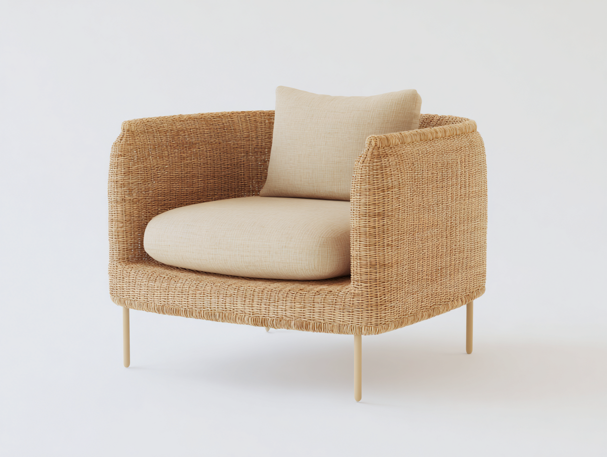 Fauteuil en rotin - rotin-tissu-métal - 82x78x76 cm - naturel-beige - minimaliste-Ravoaloft